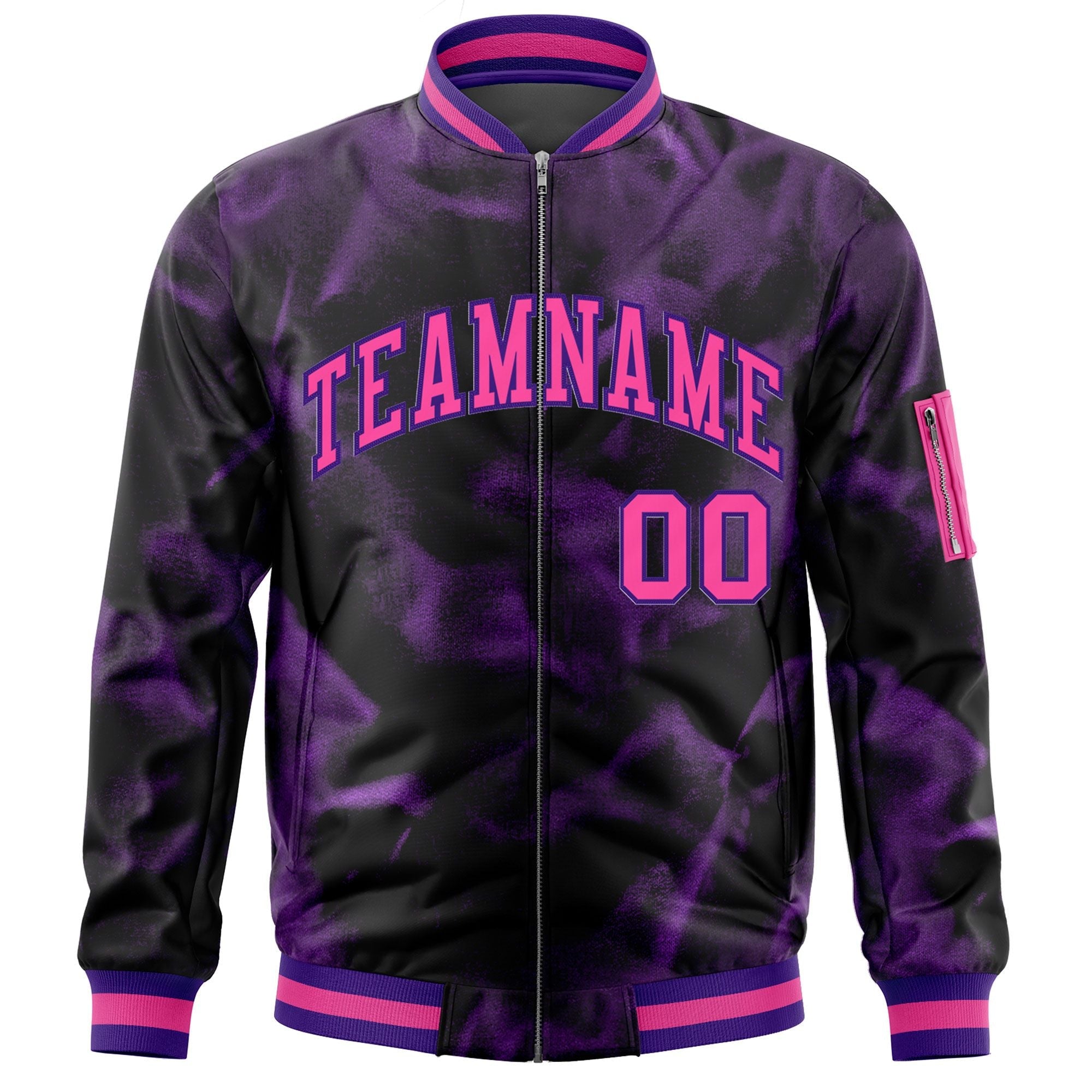 Custom Black Pink-Purple Varsity Full-Zip Blur Spray Letterman Bomber Jacket