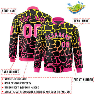 Custom Black Gold-Pink Varsity Full-Zip Spotted Letterman Bomber Jacket