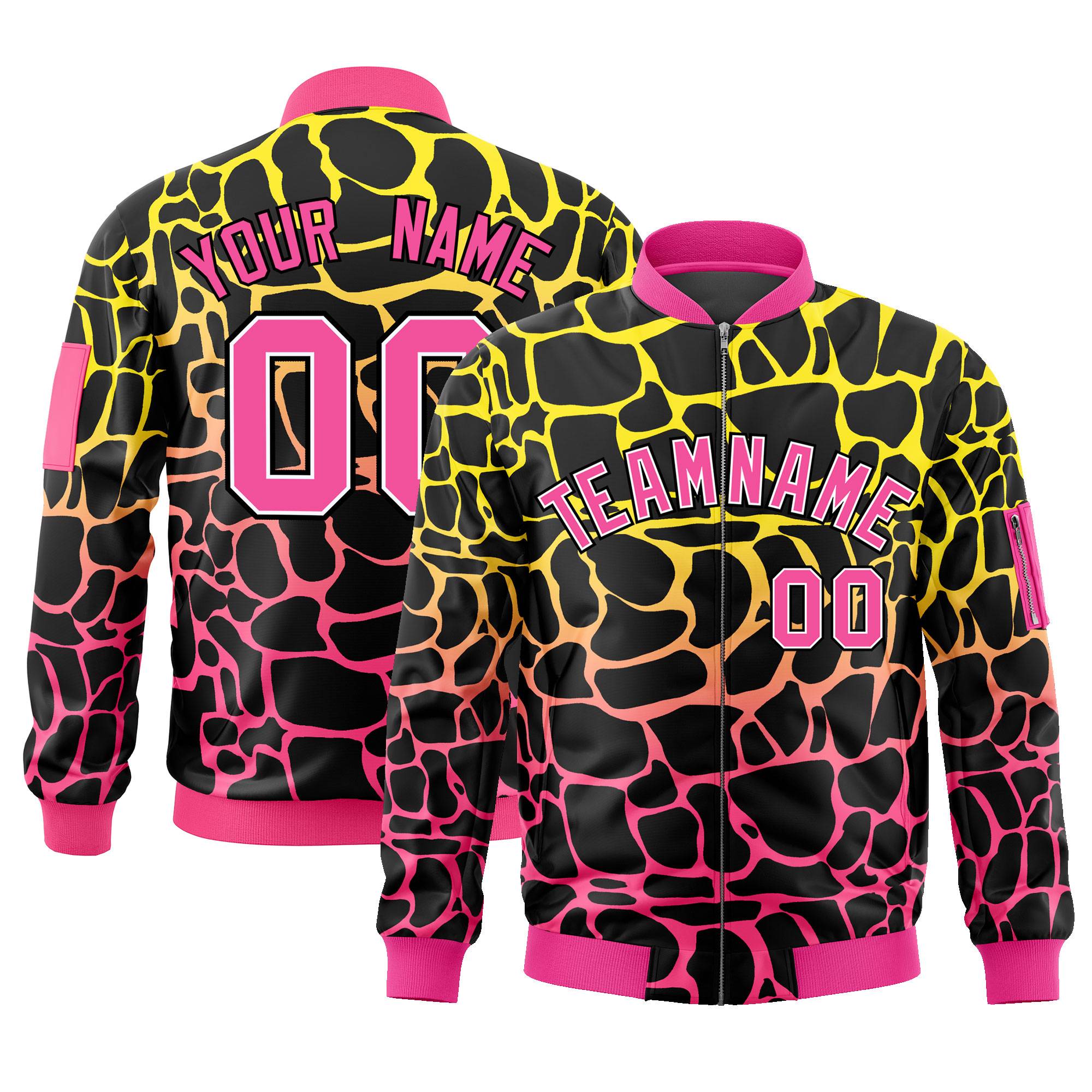 Custom Black Gold-Pink Varsity Full-Zip Spotted Letterman Bomber Jacket