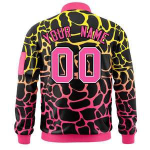 Custom Black Gold-Pink Varsity Full-Zip Spotted Letterman Bomber Jacket