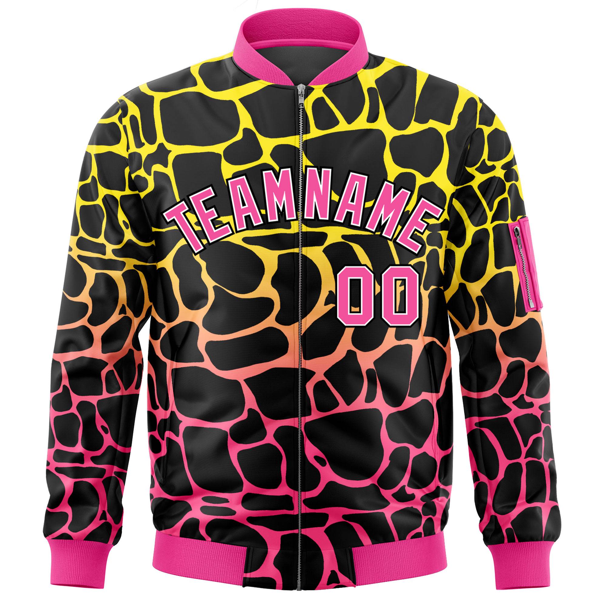 Custom Black Gold-Pink Varsity Full-Zip Spotted Letterman Bomber Jacket