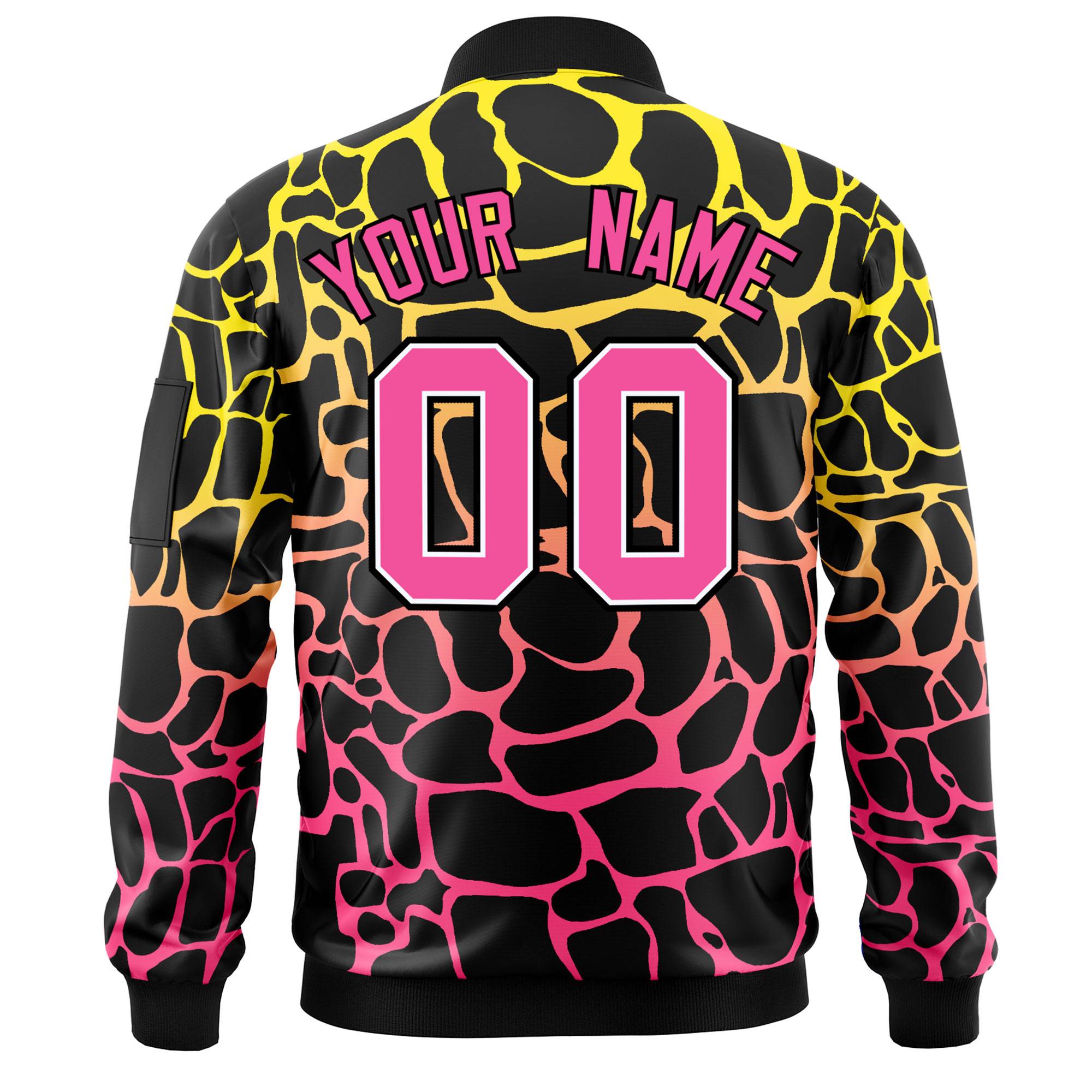 Custom Black Gold-Pink Varsity Full-Zip Spotted Letterman Bomber Jacket