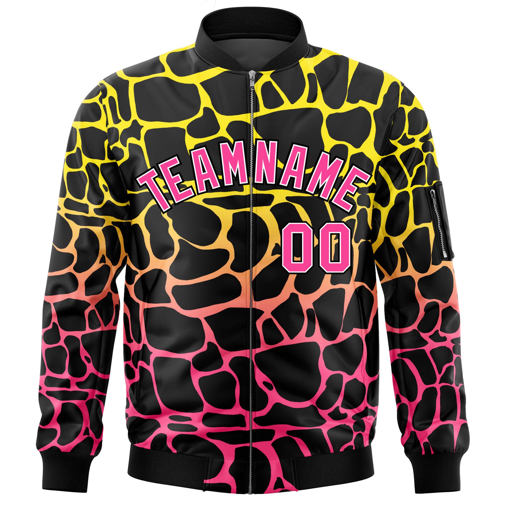 Custom Black Gold-Pink Varsity Full-Zip Spotted Letterman Bomber Jacket