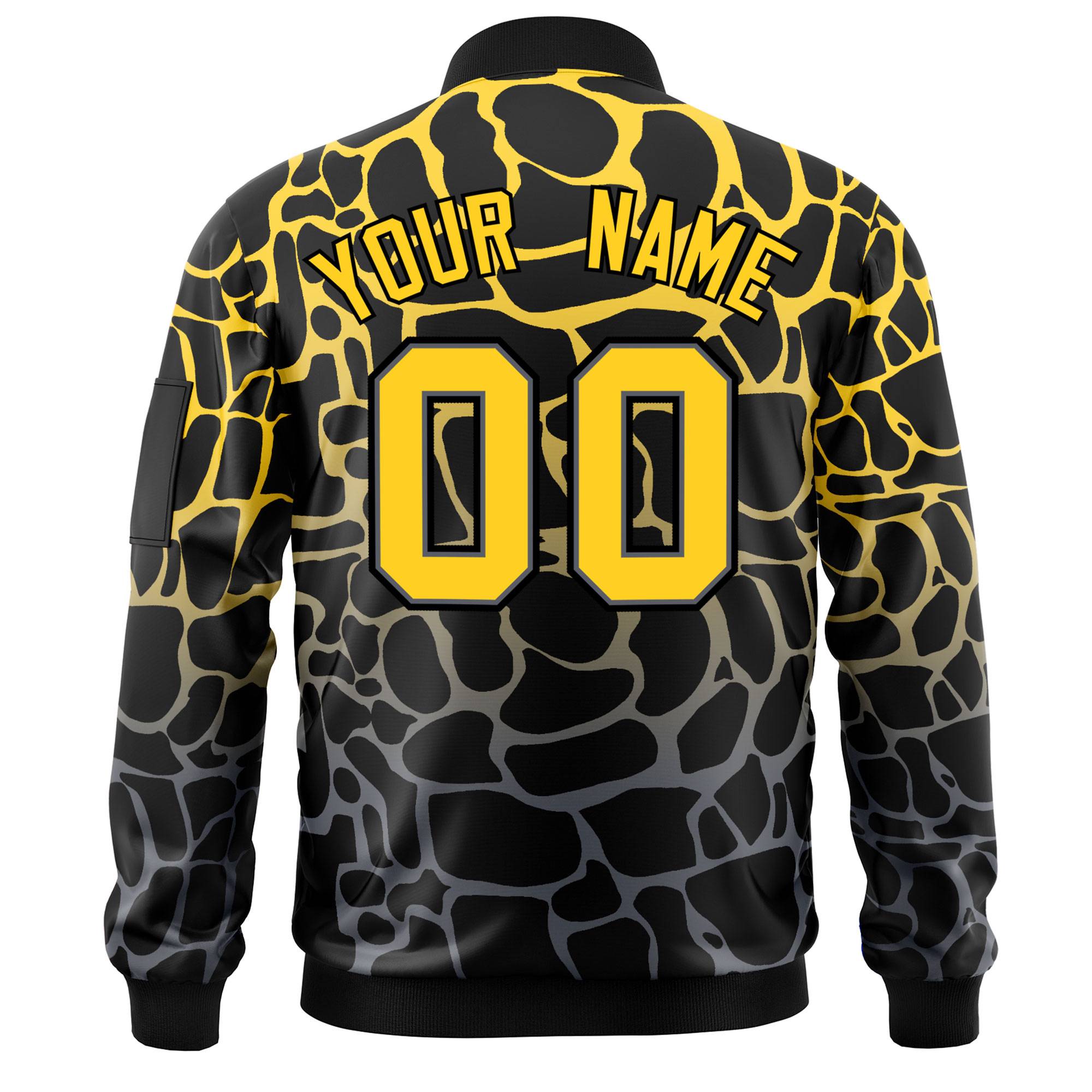 Custom Black Gold-Gray Varsity Full-Zip Spotted Letterman Bomber Jacket