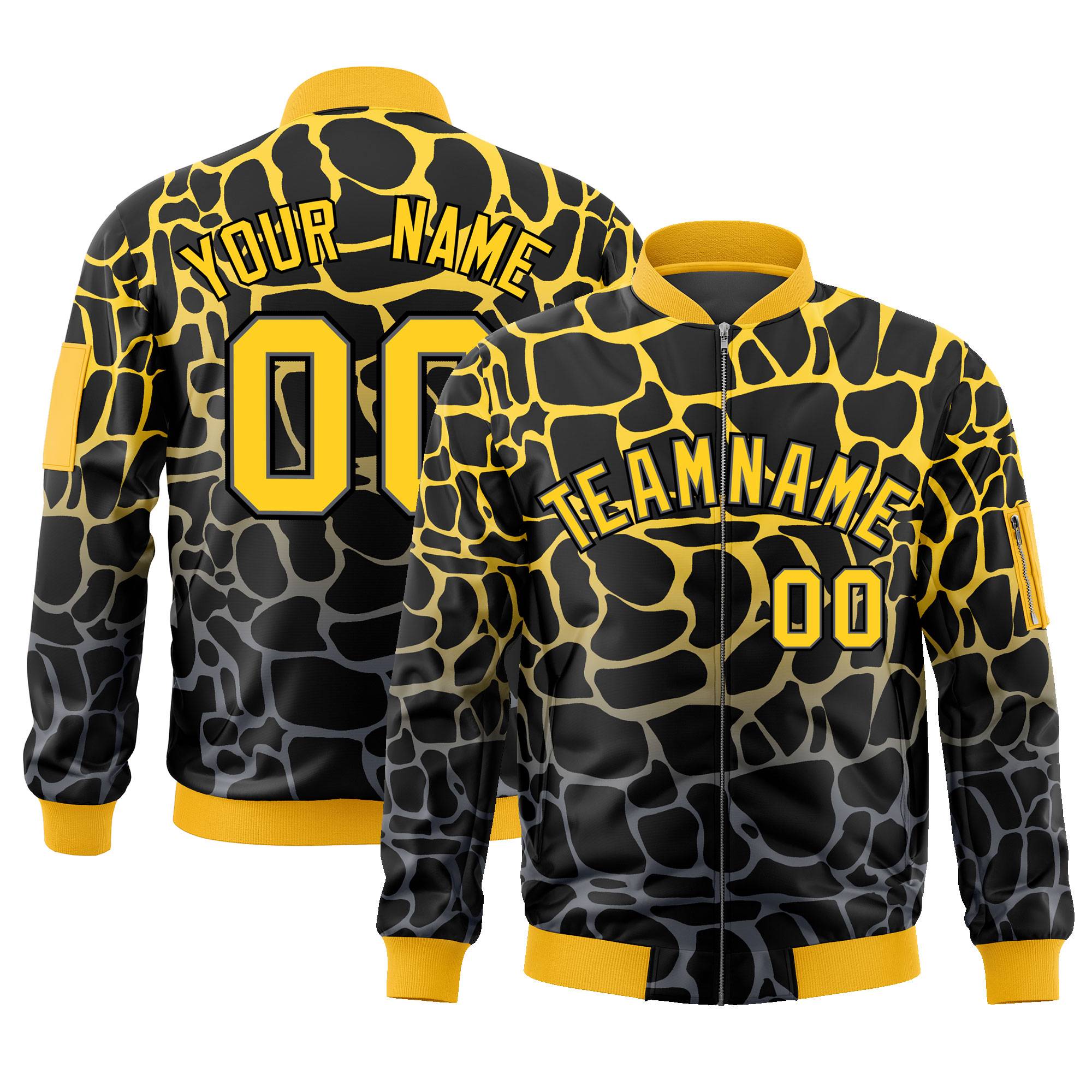 Custom Black Gold-Gray Varsity Full-Zip Spotted Letterman Bomber Jacket