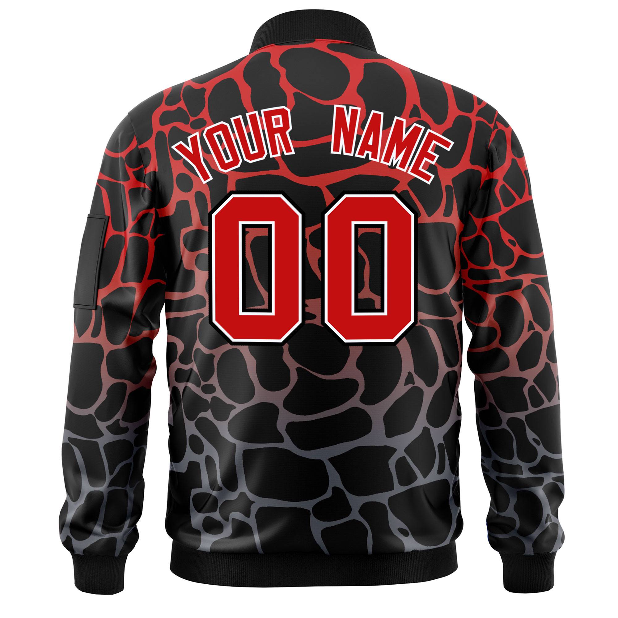 Custom Black Red-Gray Varsity Full-Zip Spotted Letterman Bomber Jacket