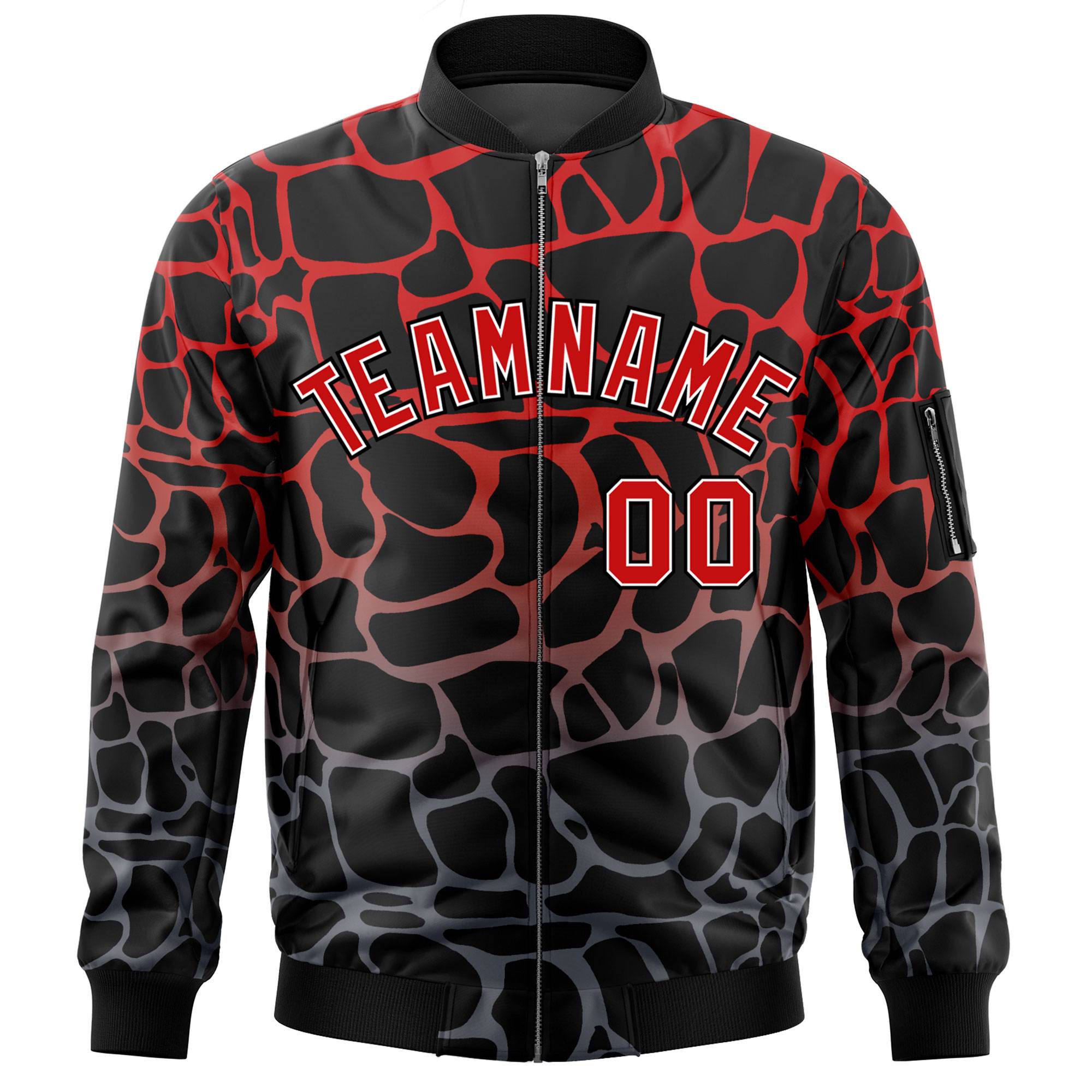 Custom Black Red-Gray Varsity Full-Zip Spotted Letterman Bomber Jacket