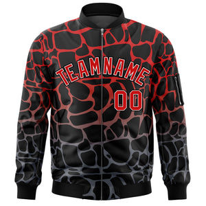 Custom Black Red-Gray Varsity Full-Zip Spotted Letterman Bomber Jacket