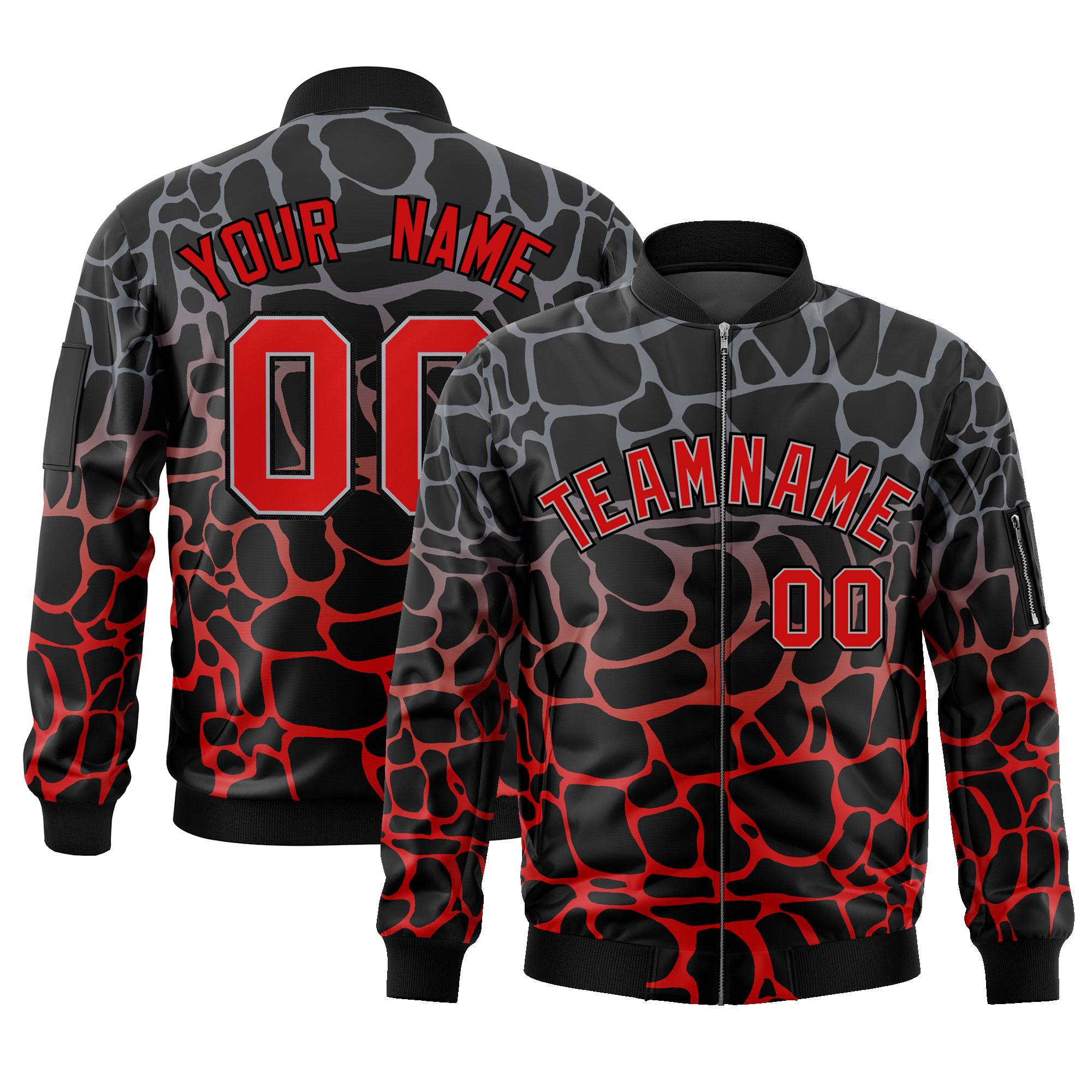 Custom Black Gray-Red Varsity Full-Zip Spotted Letterman Bomber Jacket