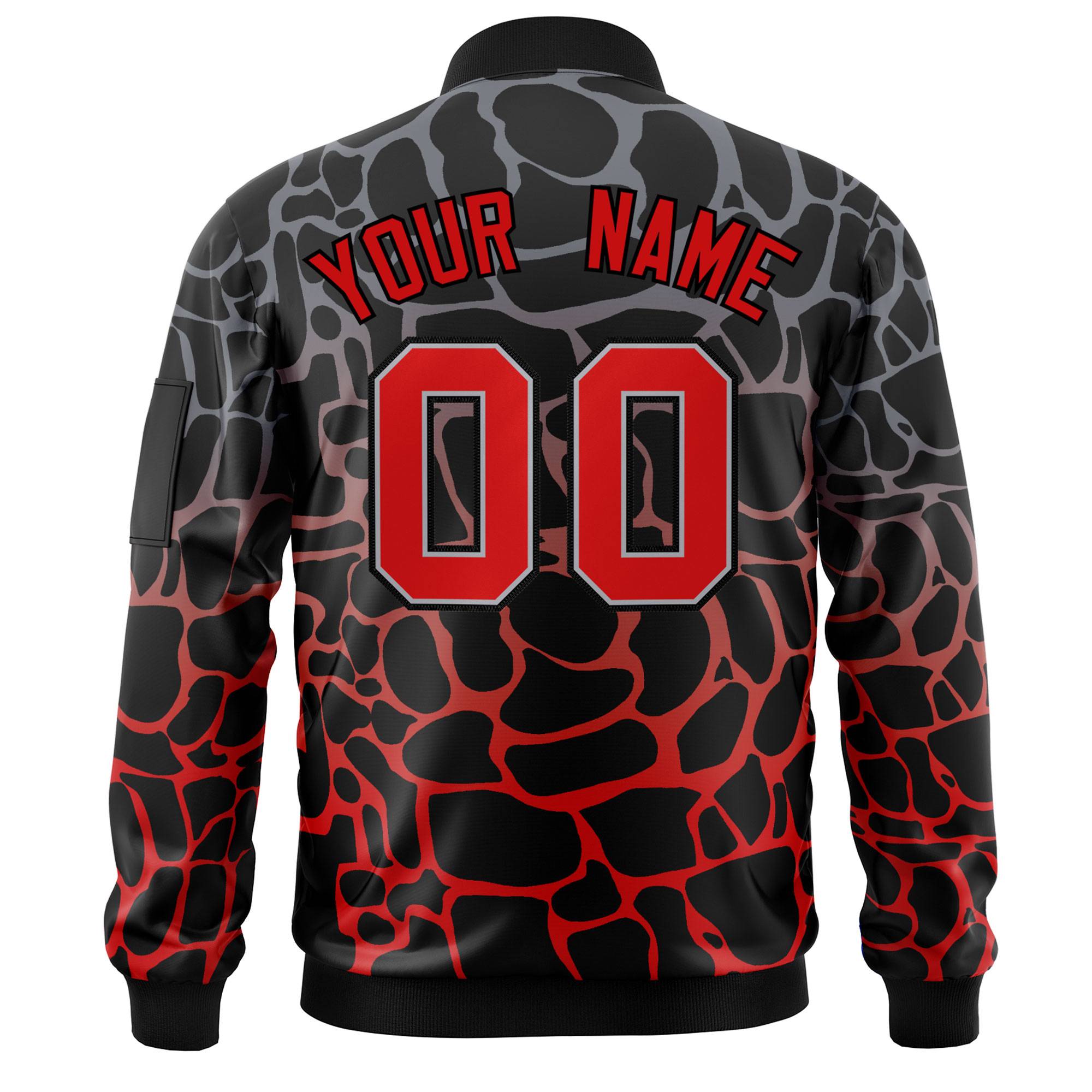 Custom Black Gray-Red Varsity Full-Zip Spotted Letterman Bomber Jacket