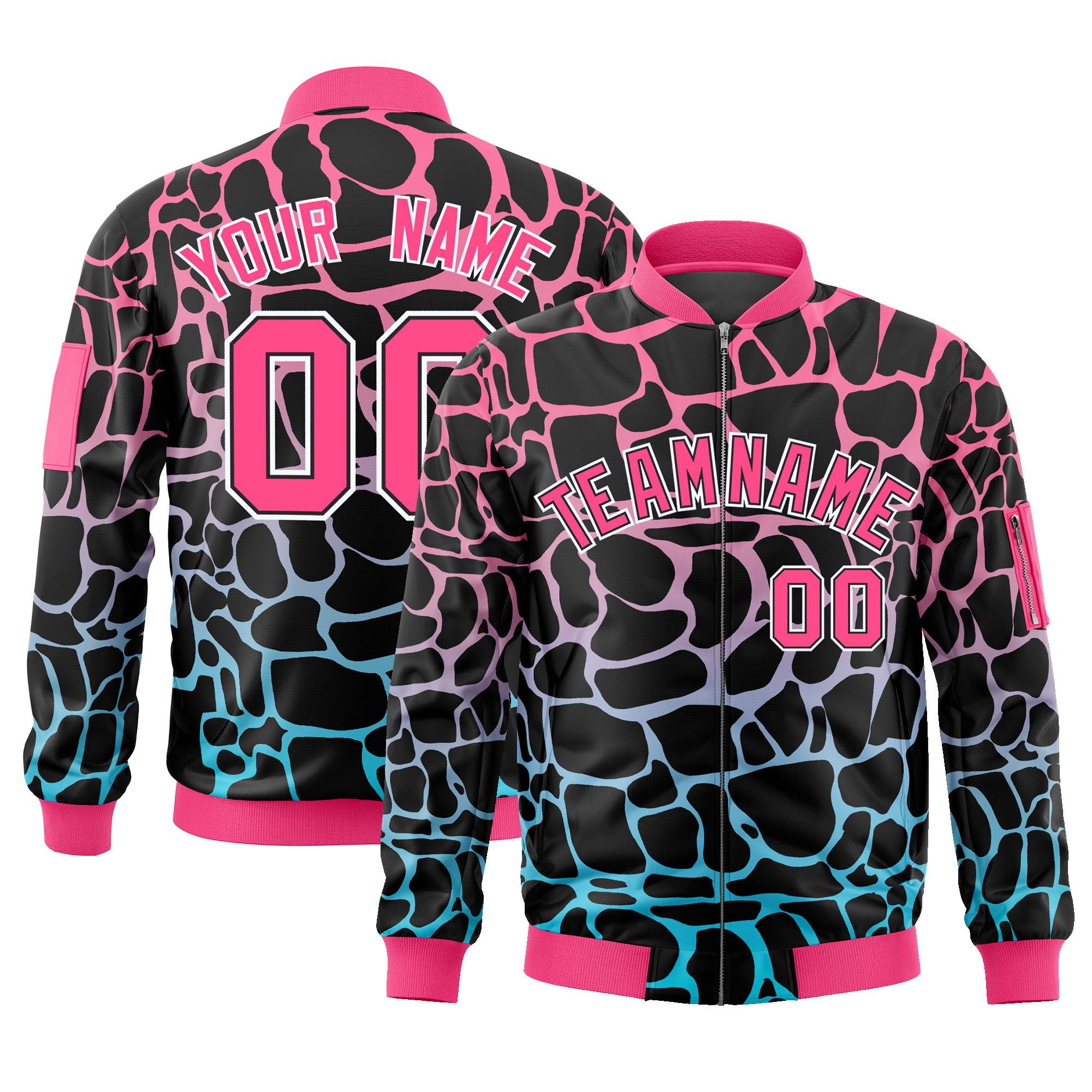 Custom Black Pink-Lt Blue Varsity Full-Zip Spotted Letterman Bomber Jacket