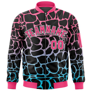 Custom Black Pink-Lt Blue Varsity Full-Zip Spotted Letterman Bomber Jacket