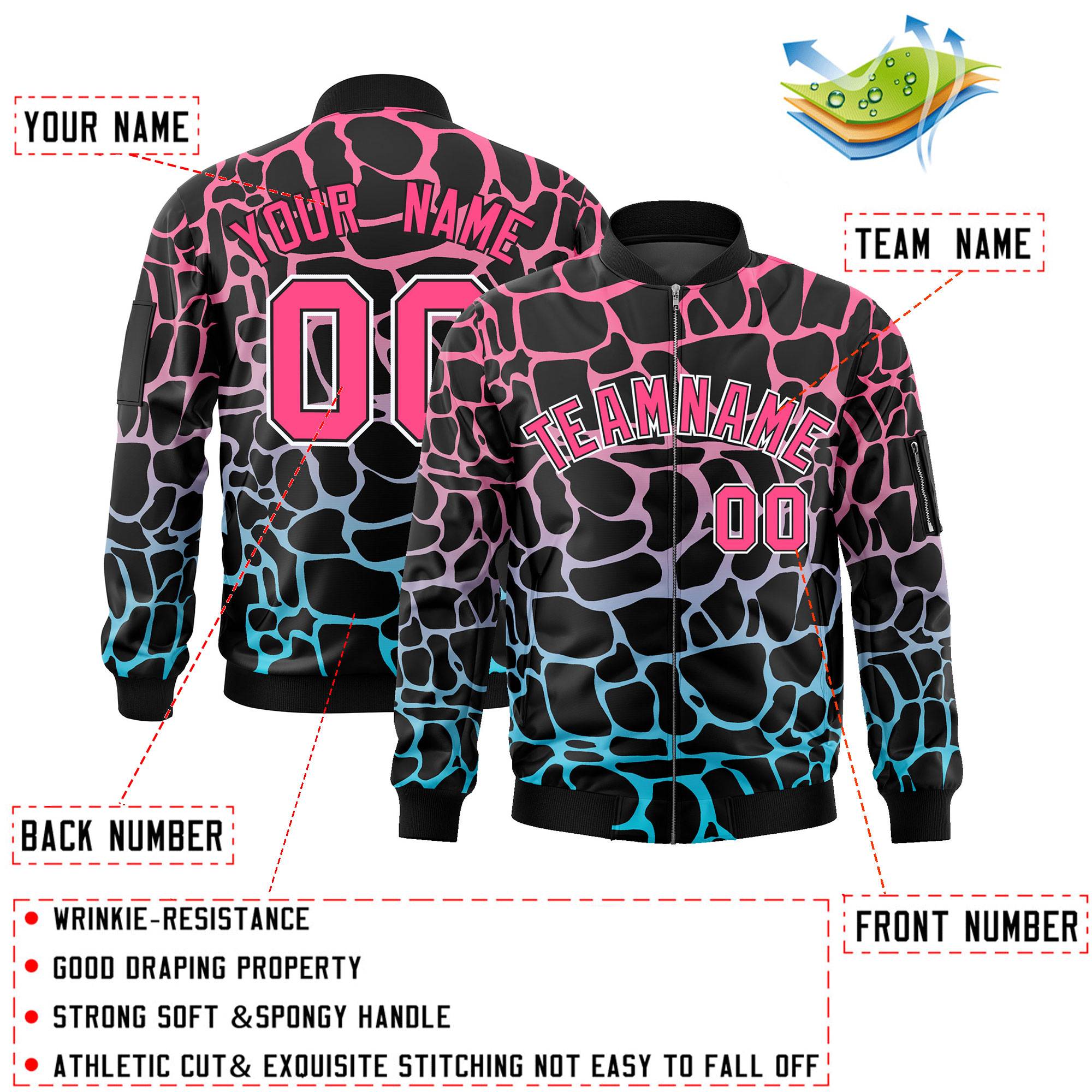 Custom Black Pink-Lt Blue Varsity Full-Zip Spotted Letterman Bomber Jacket