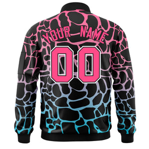 Custom Black Pink-Lt Blue Varsity Full-Zip Spotted Letterman Bomber Jacket