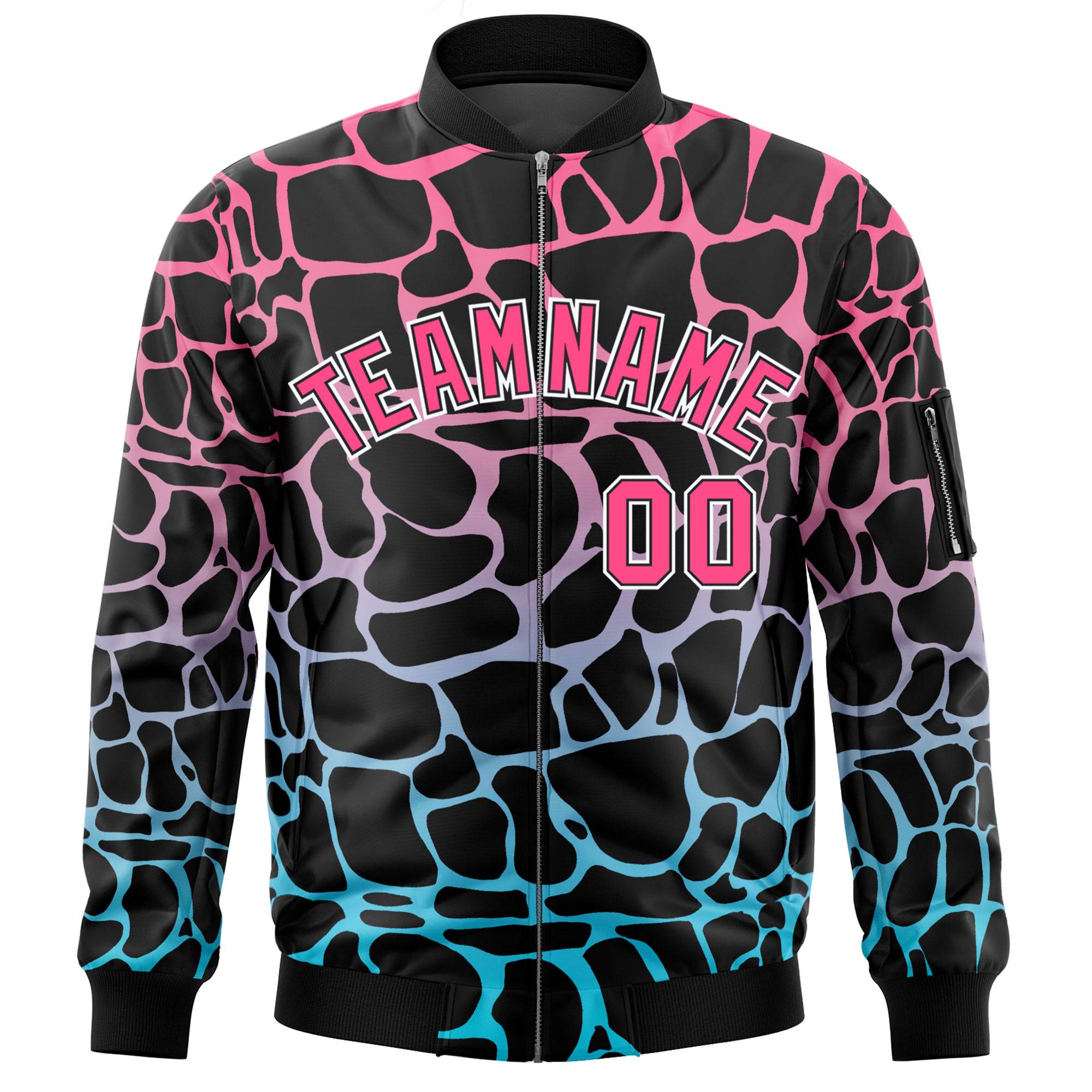 Custom Black Pink-Lt Blue Varsity Full-Zip Spotted Letterman Bomber Jacket