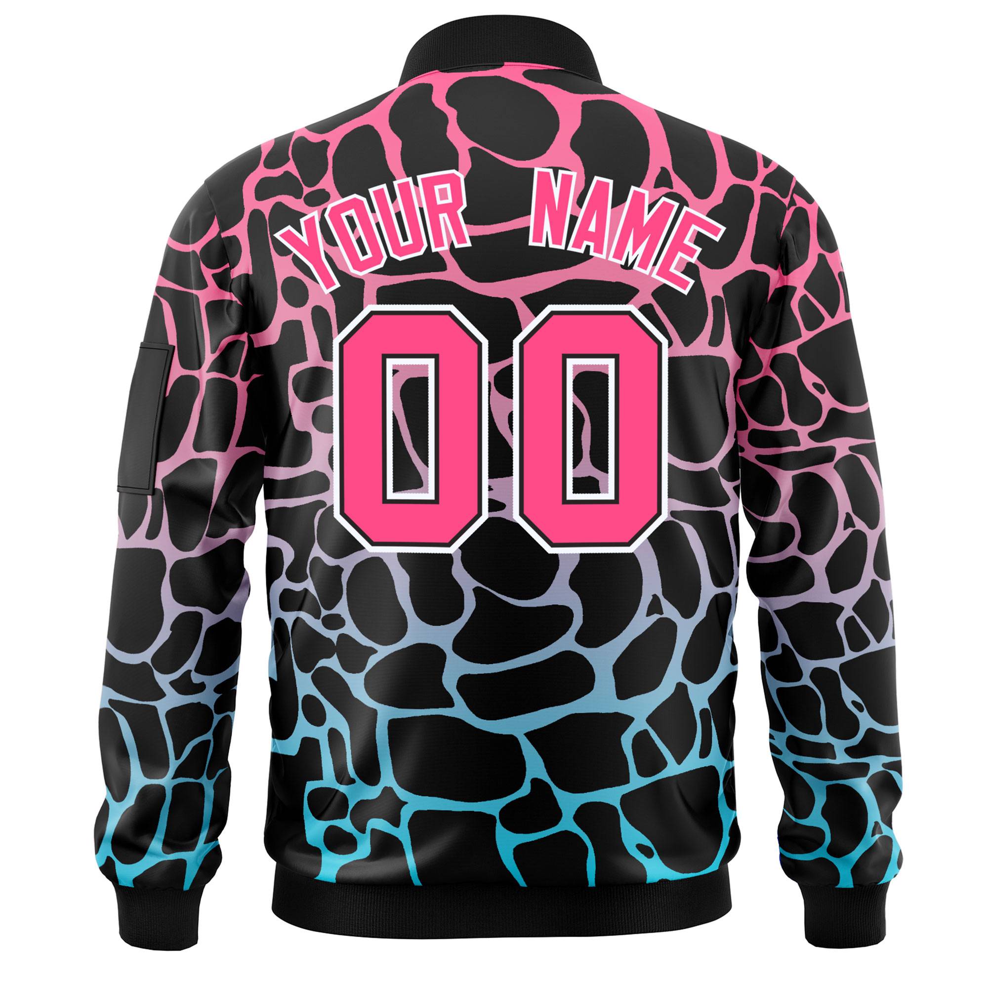 Custom Black Pink-Lt Blue Varsity Full-Zip Spotted Letterman Bomber Jacket