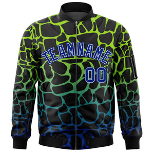 Custom Black Neon Green-Lt Blue Varsity Full-Zip Spotted Letterman Bomber Jacket