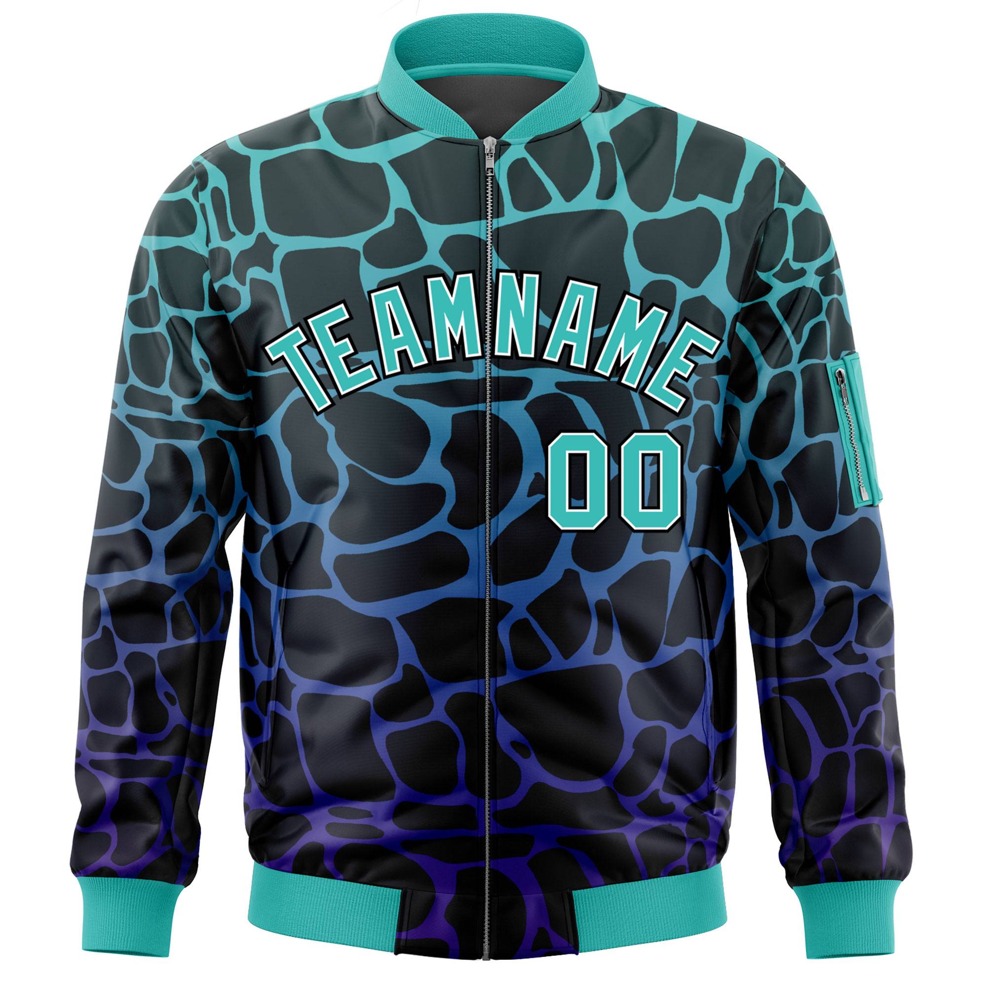 Custom Black Aqua-Royal Varsity Full-Zip Spotted Letterman Bomber Jacket