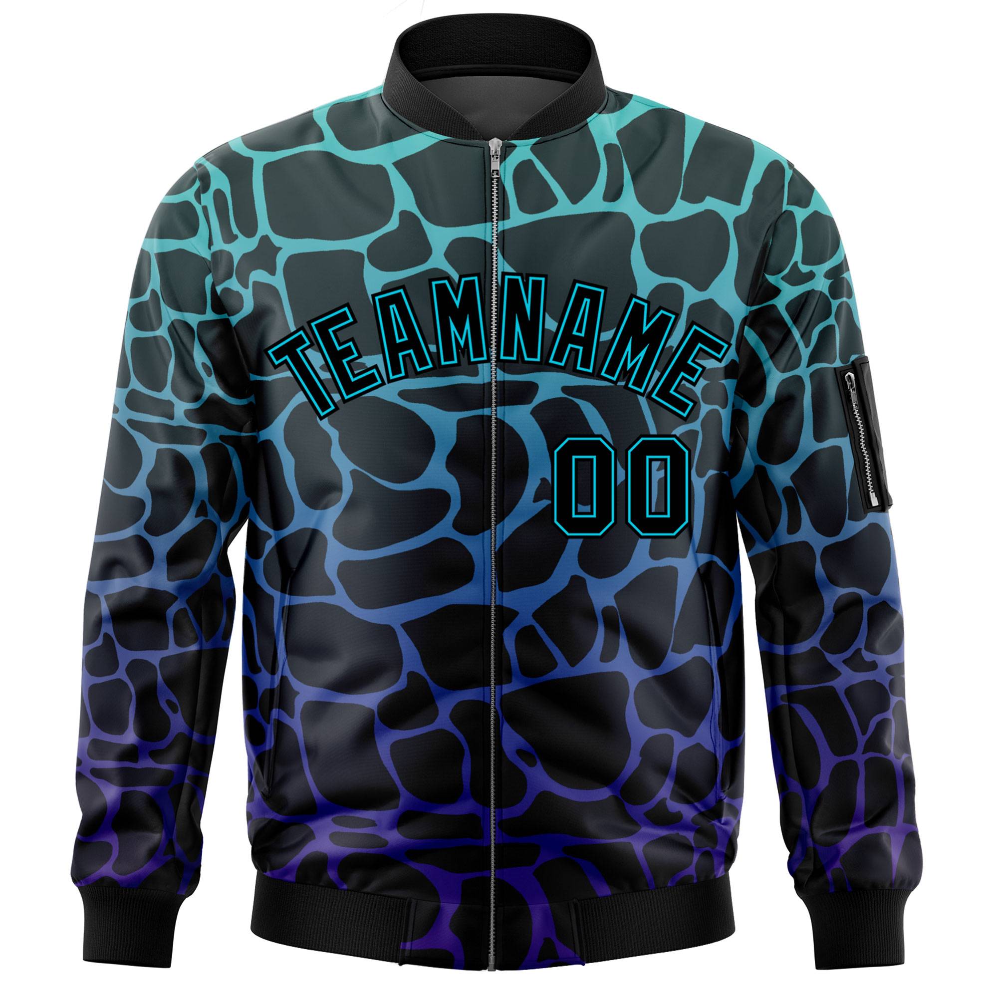 Custom Black Aqua-Royal Varsity Full-Zip Spotted Letterman Bomber Jacket