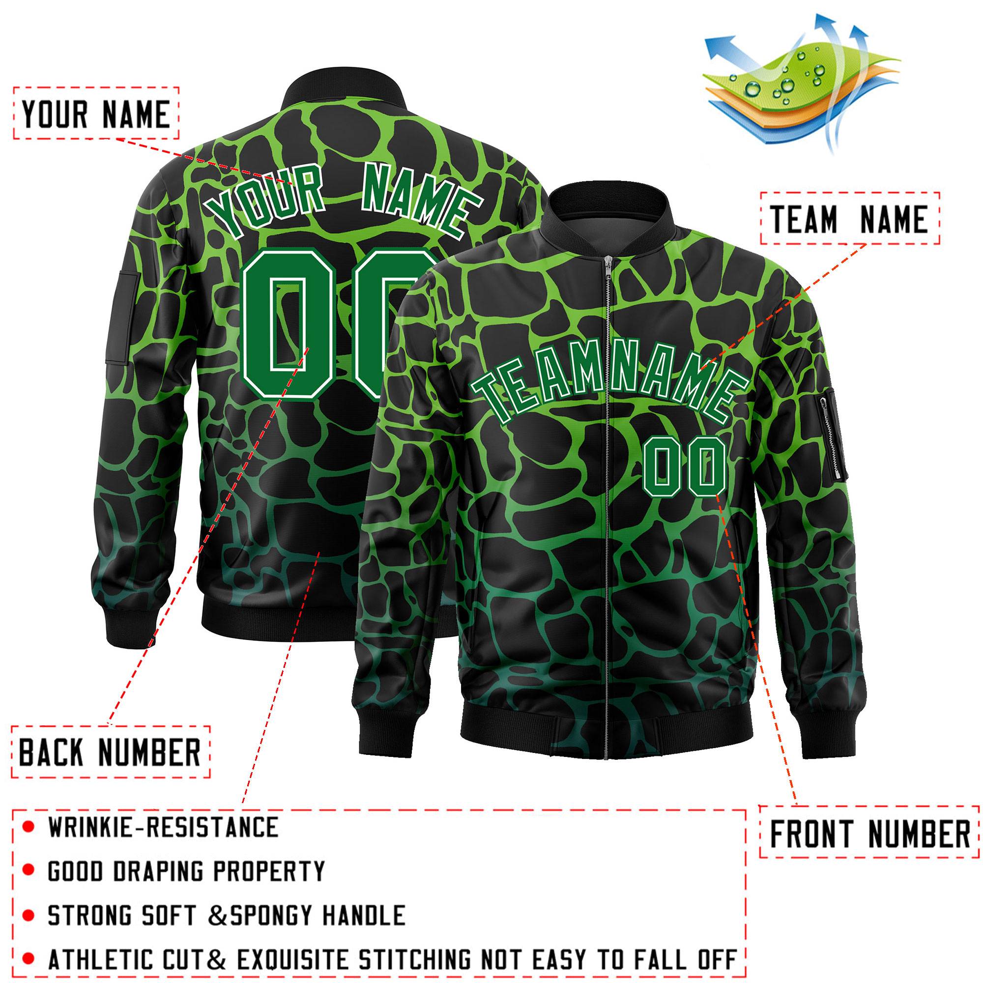 Custom Black Green Varsity Full-Zip Spotted Letterman Bomber Jacket