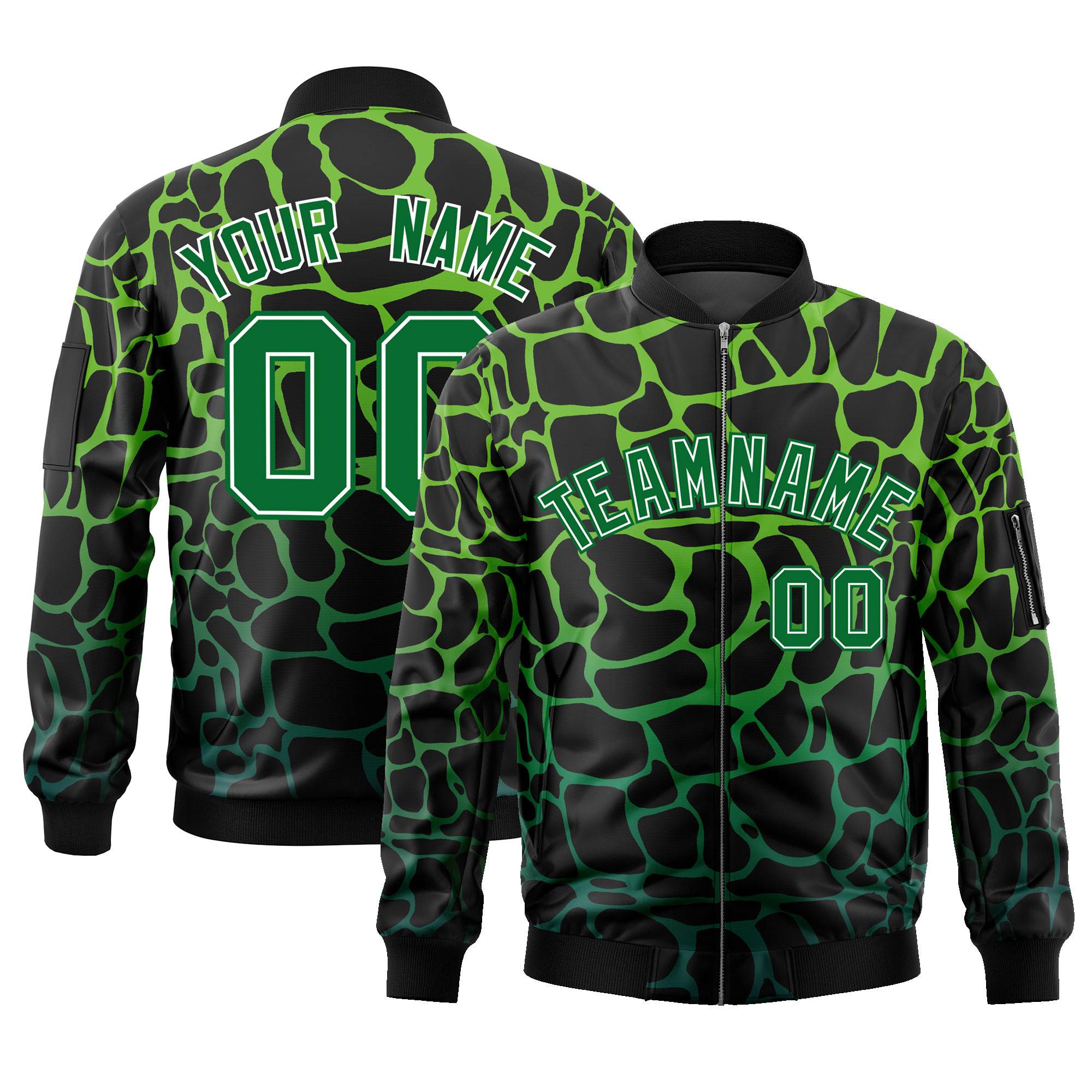 Custom Black Green Varsity Full-Zip Spotted Letterman Bomber Jacket