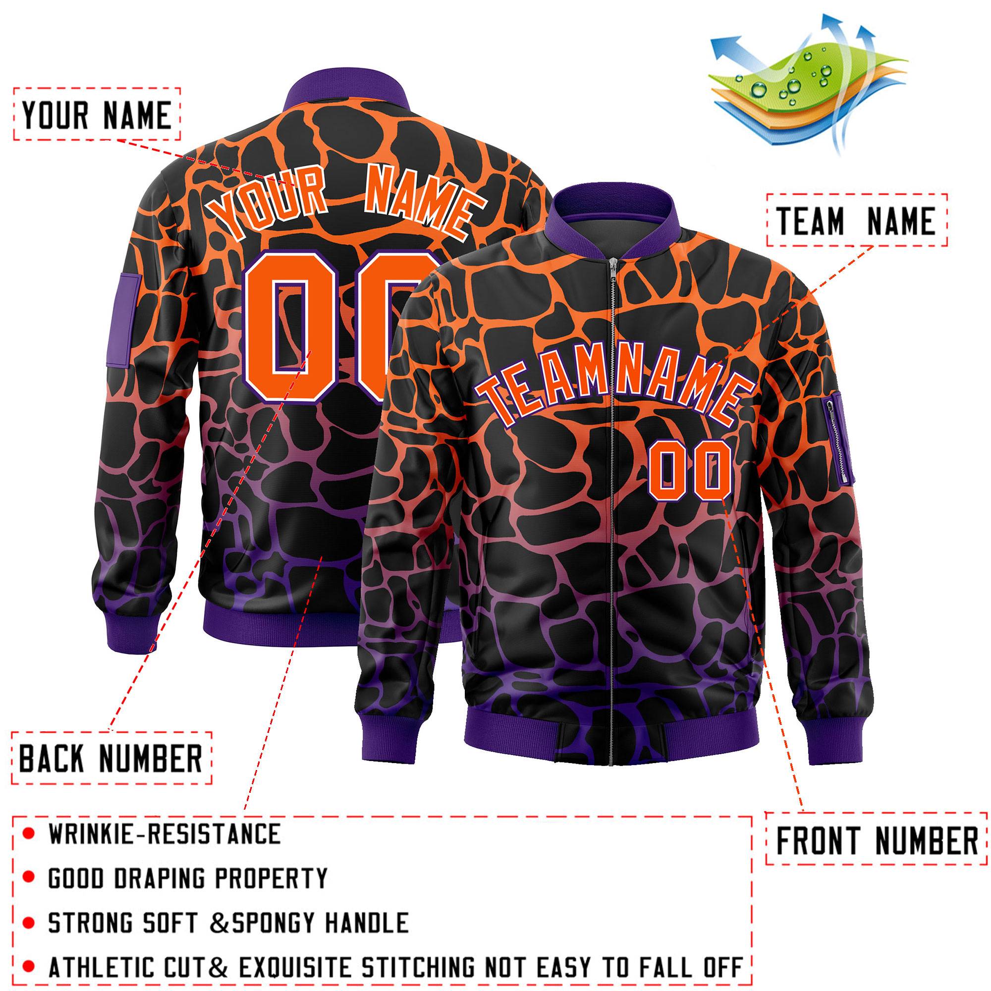 Custom Black Orange-Purple Varsity Full-Zip Spotted Letterman Bomber Jacket