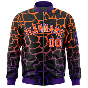 Custom Black Orange-Purple Varsity Full-Zip Spotted Letterman Bomber Jacket