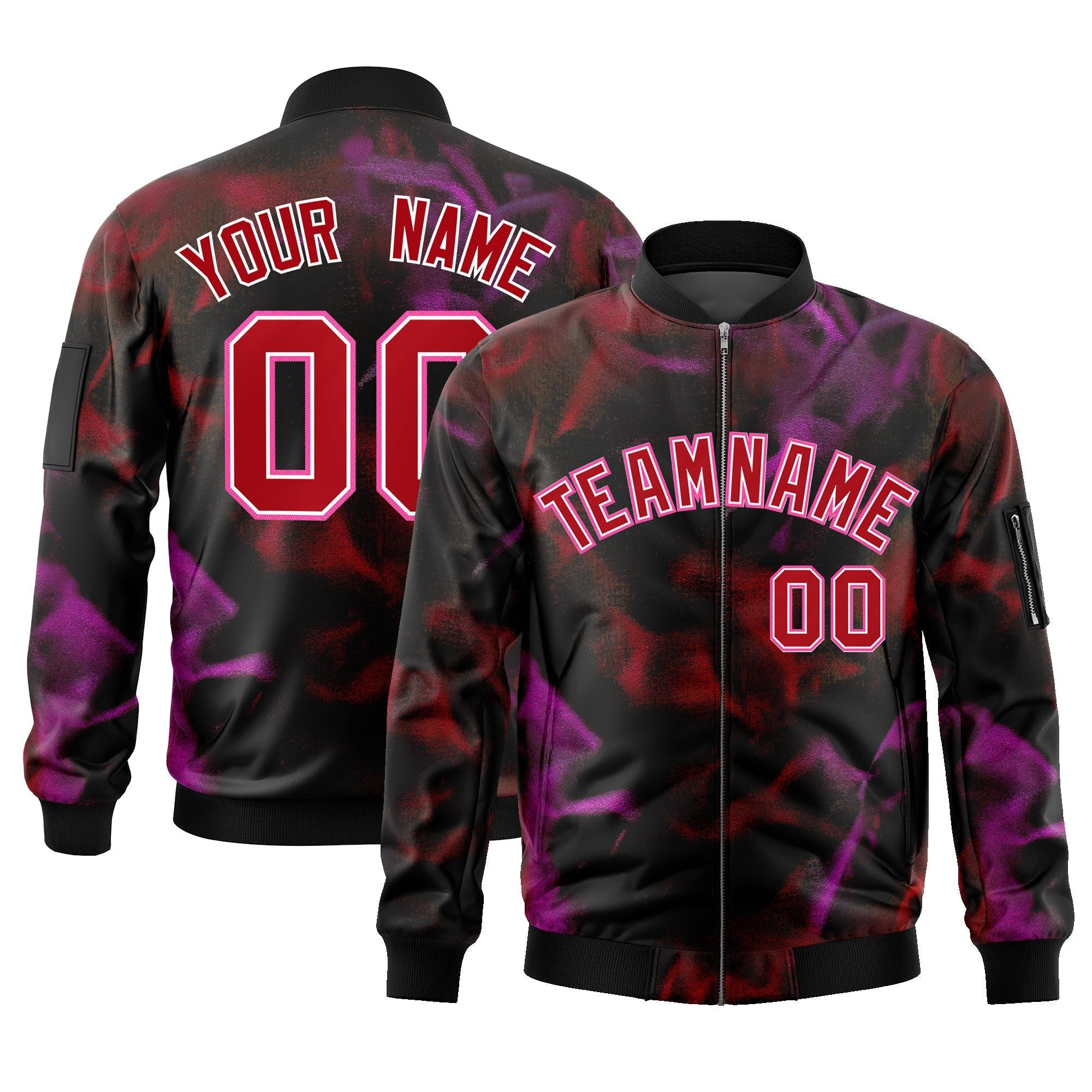 Custom Black Red-Pink Varsity Full-Zip Blur Spray Letterman Bomber Jacket