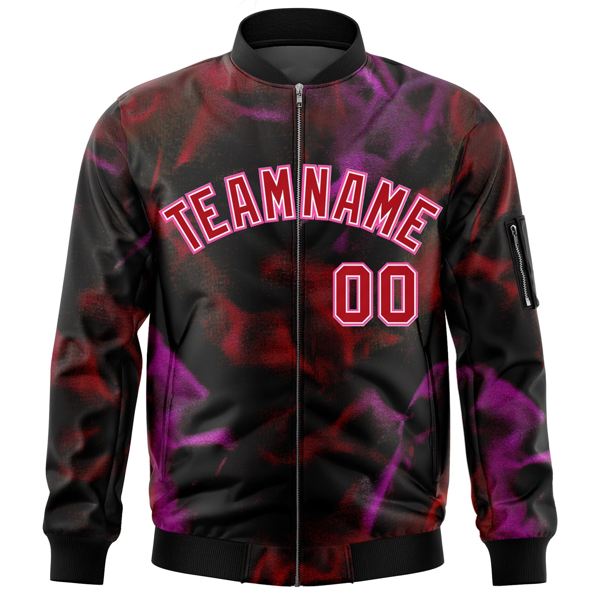 Custom Black Red-Pink Varsity Full-Zip Blur Spray Letterman Bomber Jacket