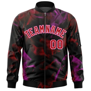 Custom Black Red-Pink Varsity Full-Zip Blur Spray Letterman Bomber Jacket