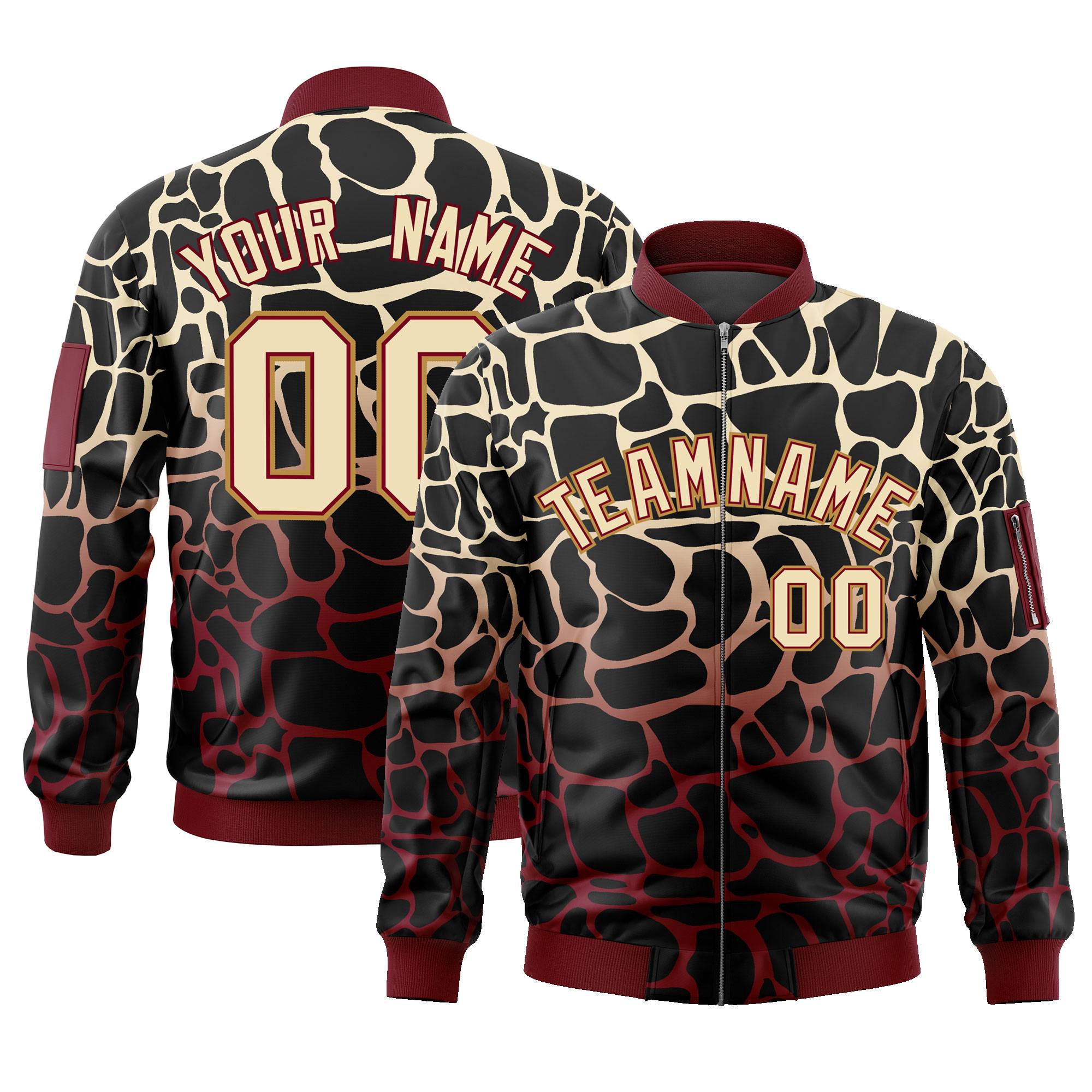 Custom Black Khaki-Crimson Varsity Full-Zip Spotted Letterman Bomber Jacket