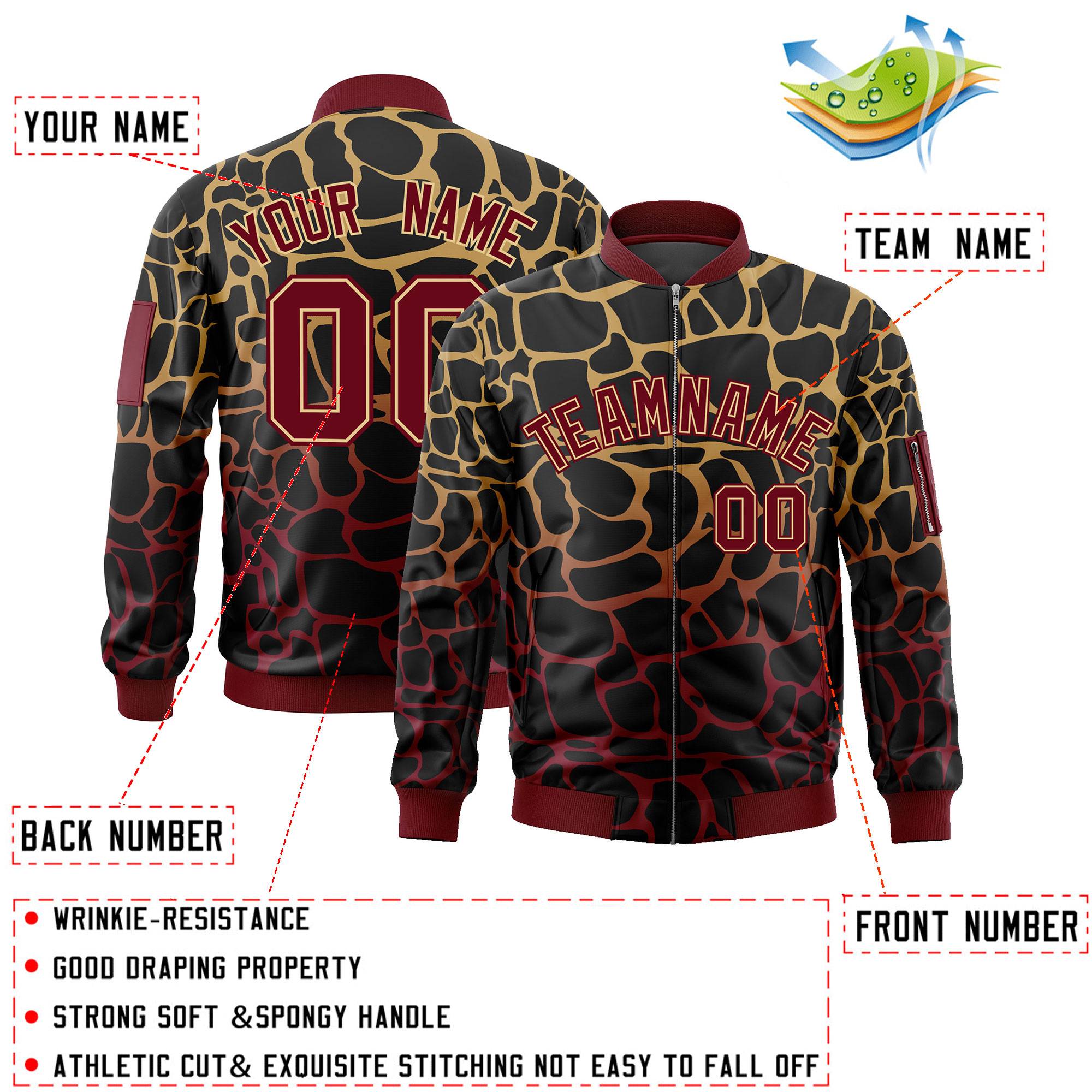 Custom Black Old Gold-Crimson Varsity Full-Zip Spotted Letterman Bomber Jacket