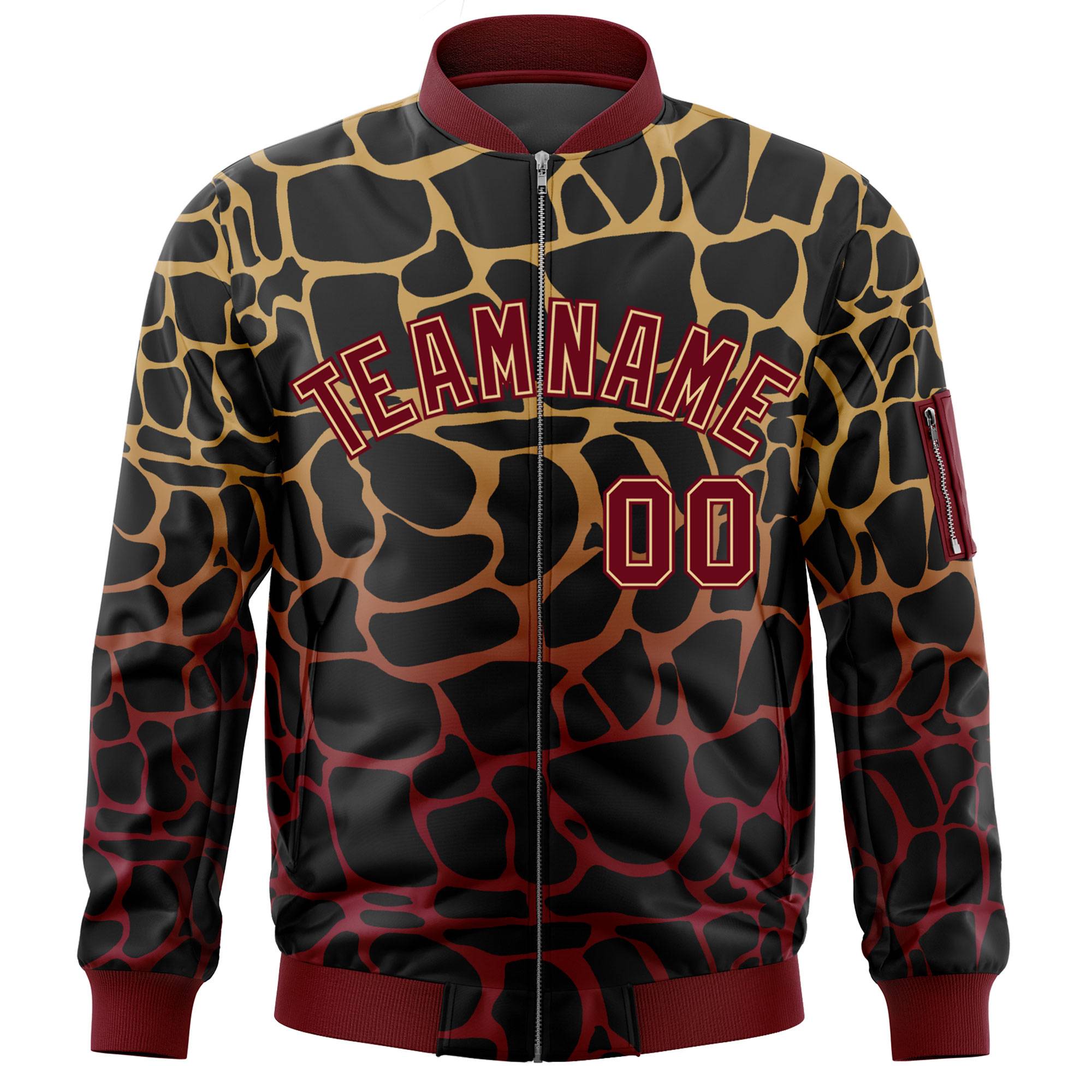 Custom Black Old Gold-Crimson Varsity Full-Zip Spotted Letterman Bomber Jacket