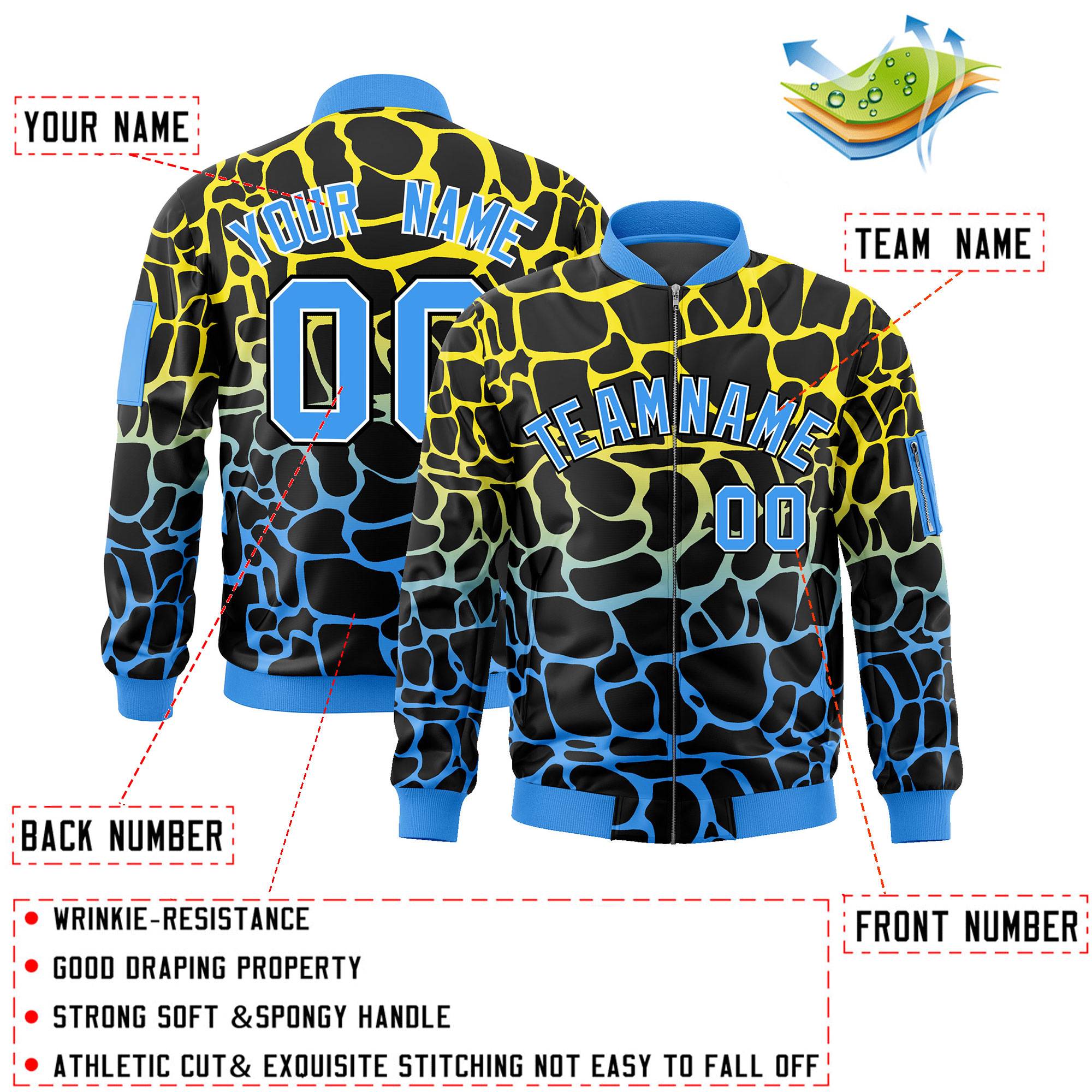 Custom Black Gold-Power Blue Varsity Full-Zip Spotted Letterman Bomber Jacket