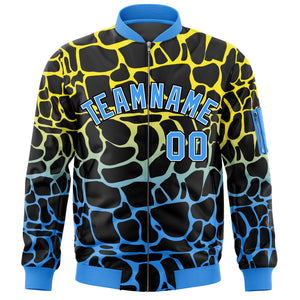 Custom Black Gold-Power Blue Varsity Full-Zip Spotted Letterman Bomber Jacket