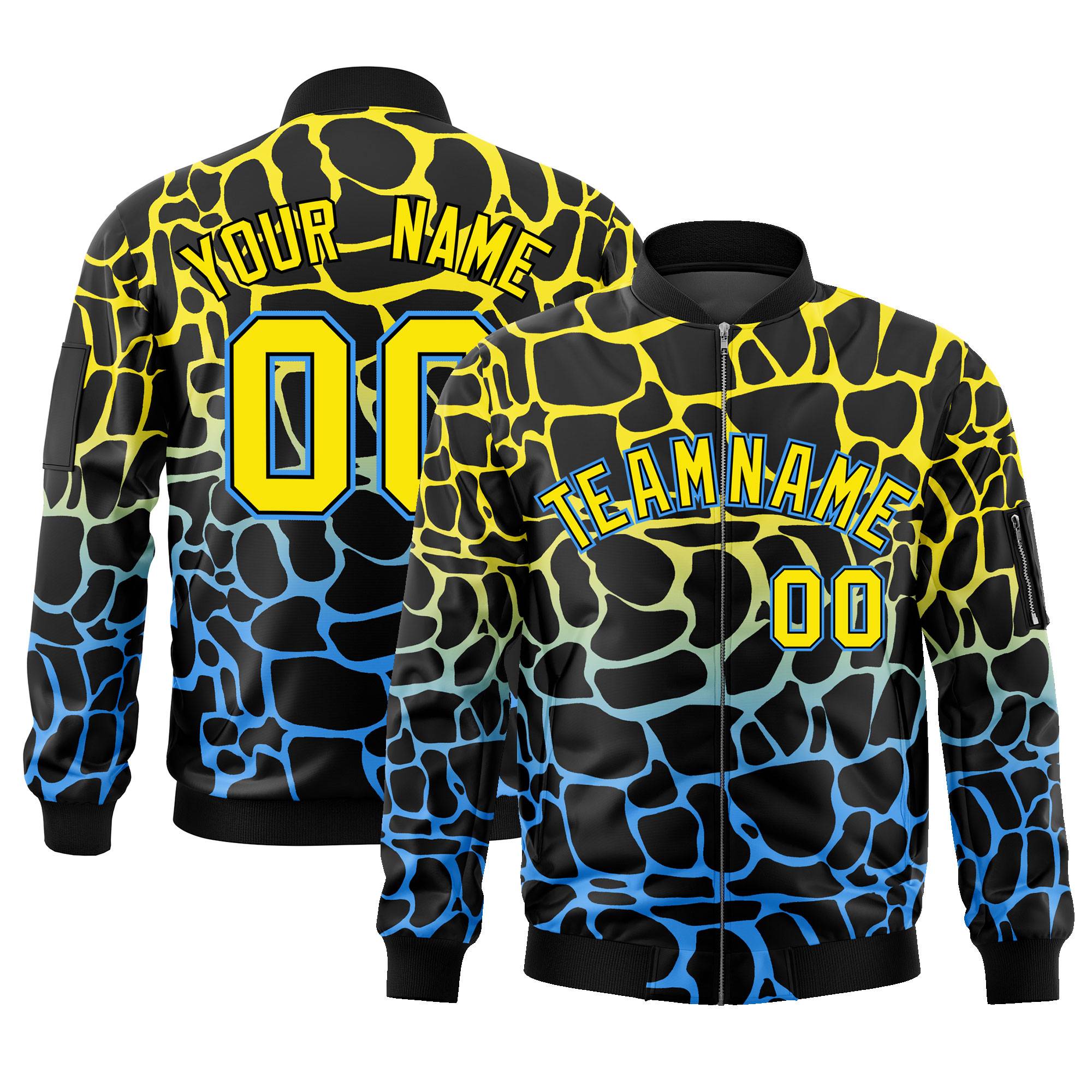 Custom Black Gold-Light Blue Varsity Full-Zip Spotted Letterman Bomber Jacket