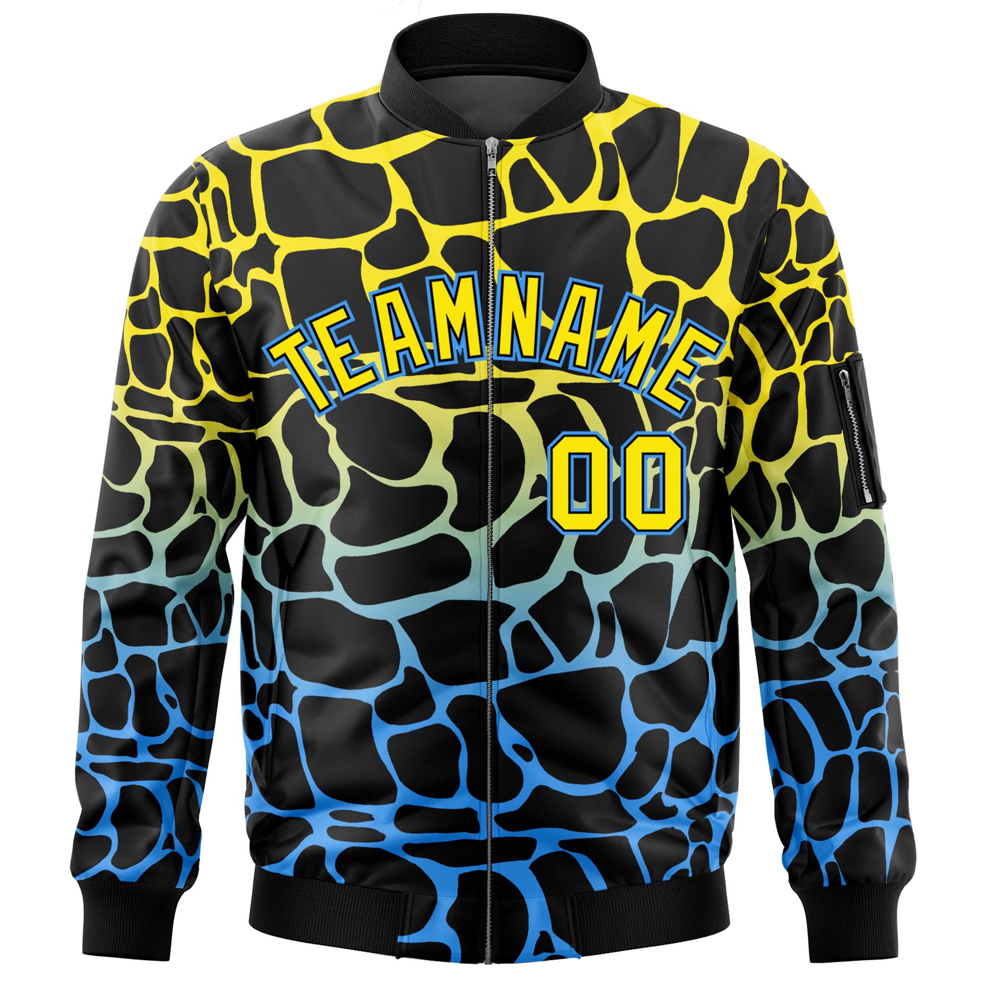 Custom Black Gold-Light Blue Varsity Full-Zip Spotted Letterman Bomber Jacket