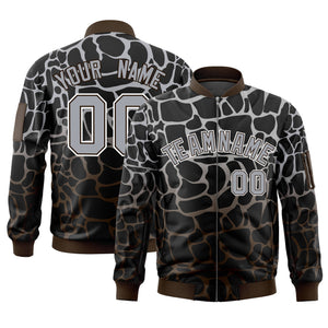 Custom Black Gray-Brown Varsity Full-Zip Spotted Letterman Bomber Jacket