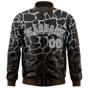 Custom Black Gray-Brown Varsity Full-Zip Spotted Letterman Bomber Jacket