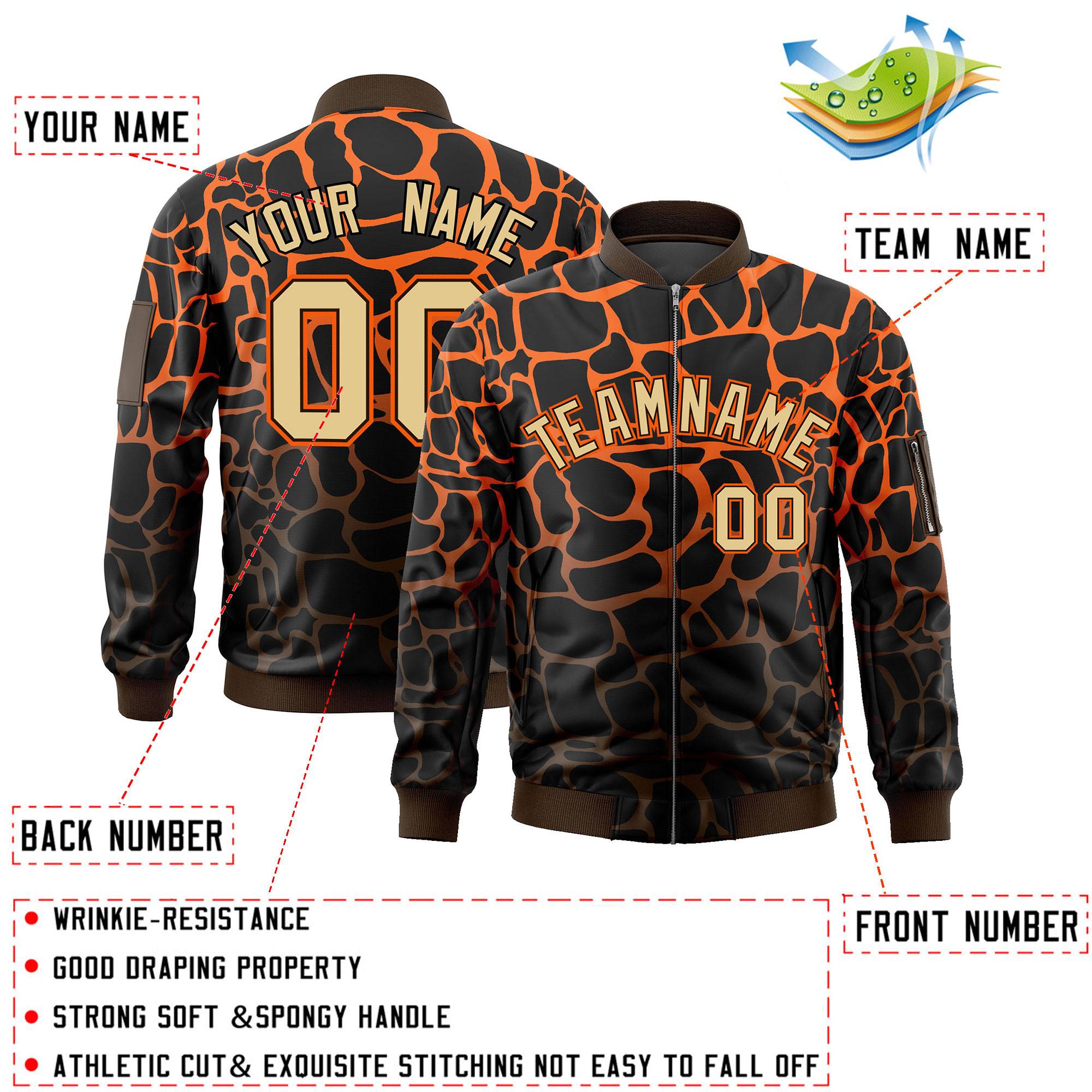 Custom Black Orange-Brown Varsity Full-Zip Spotted Letterman Bomber Jacket