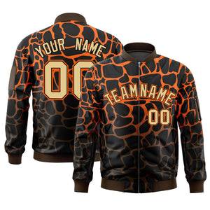 Custom Black Orange-Brown Varsity Full-Zip Spotted Letterman Bomber Jacket