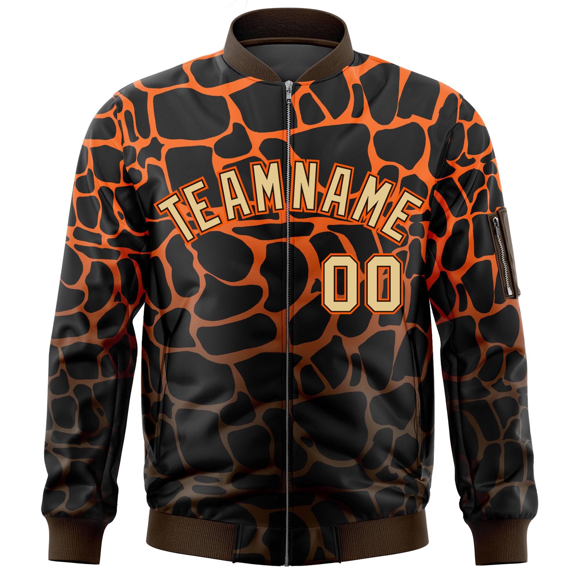 Custom Black Orange-Brown Varsity Full-Zip Spotted Letterman Bomber Jacket