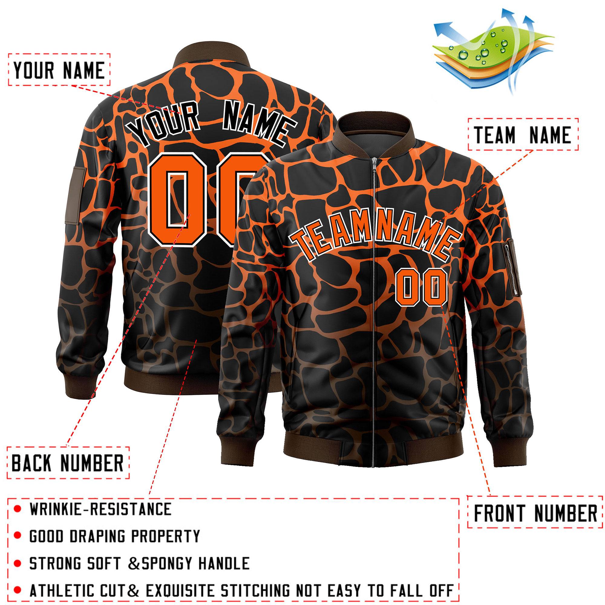 Custom Black Orange-Brown Varsity Full-Zip Spotted Letterman Bomber Jacket