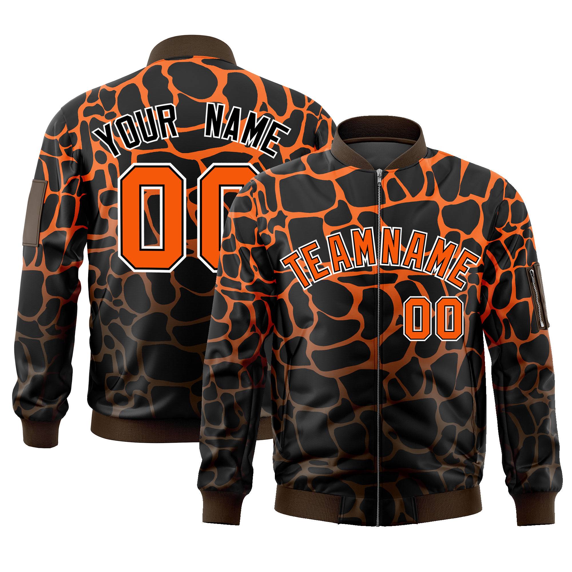 Custom Black Orange-Brown Varsity Full-Zip Spotted Letterman Bomber Jacket