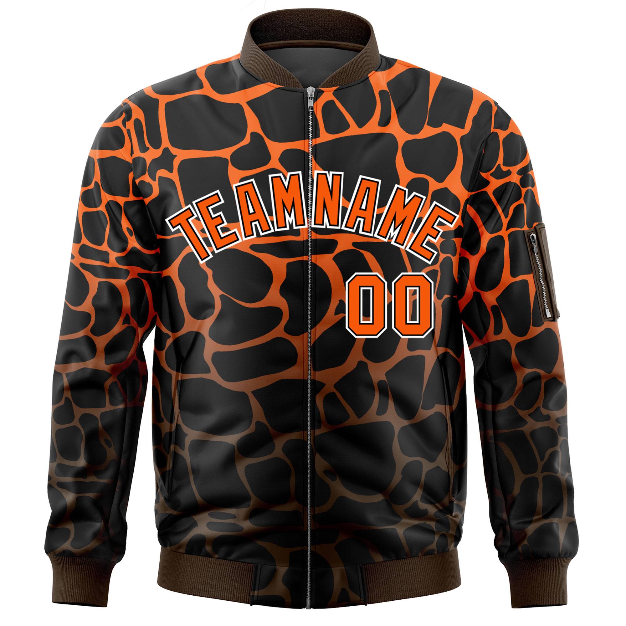 Custom Black Orange-Brown Varsity Full-Zip Spotted Letterman Bomber Jacket