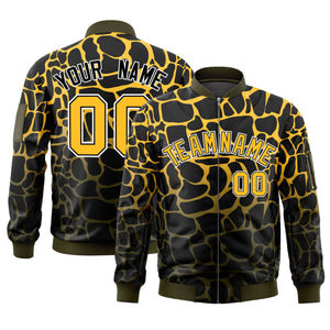 Custom Black Gold-Olive Varsity Full-Zip Spotted Letterman Bomber Jacket