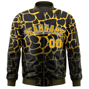 Custom Black Gold-Olive Varsity Full-Zip Spotted Letterman Bomber Jacket