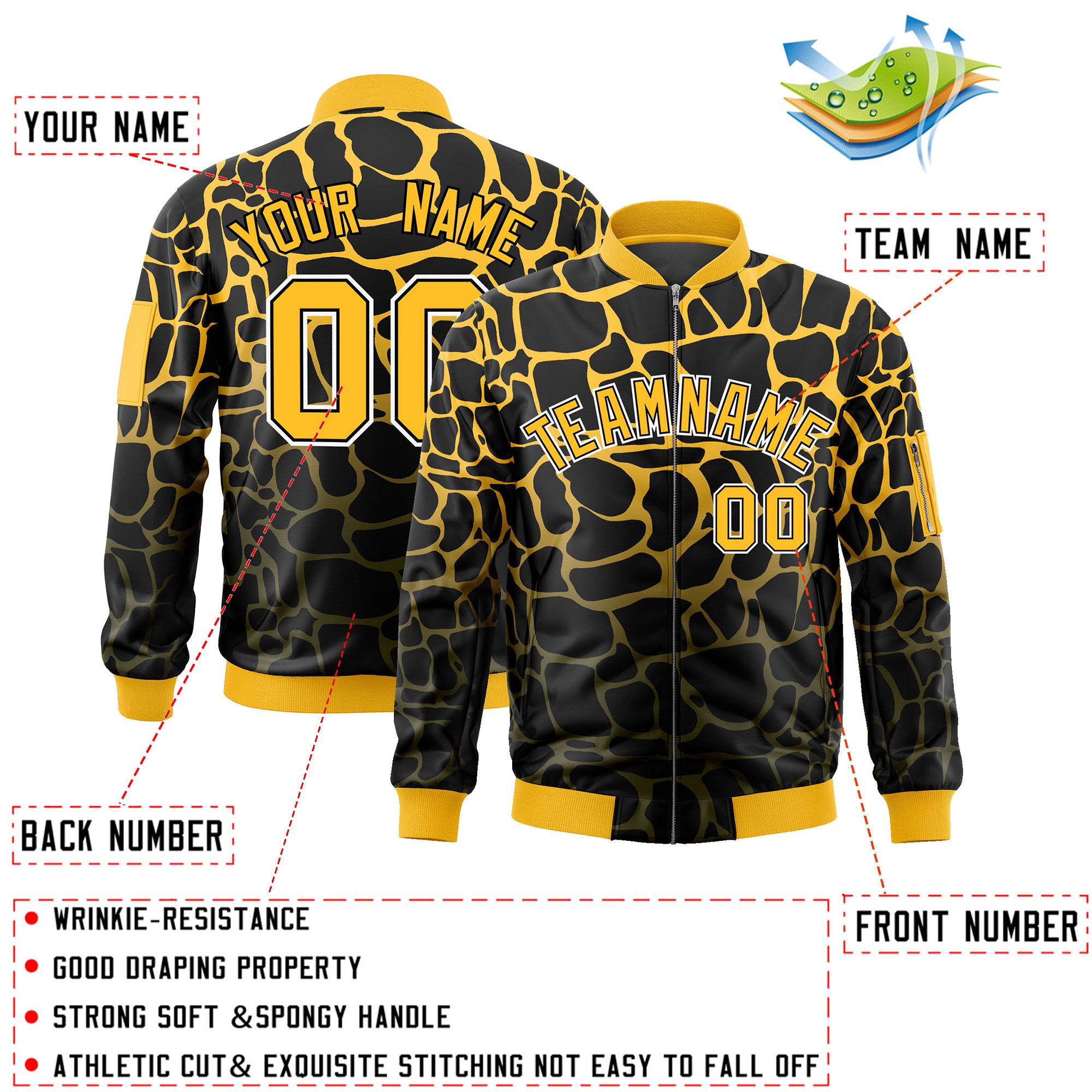 Custom Black Gold-Olive Varsity Full-Zip Spotted Letterman Bomber Jacket