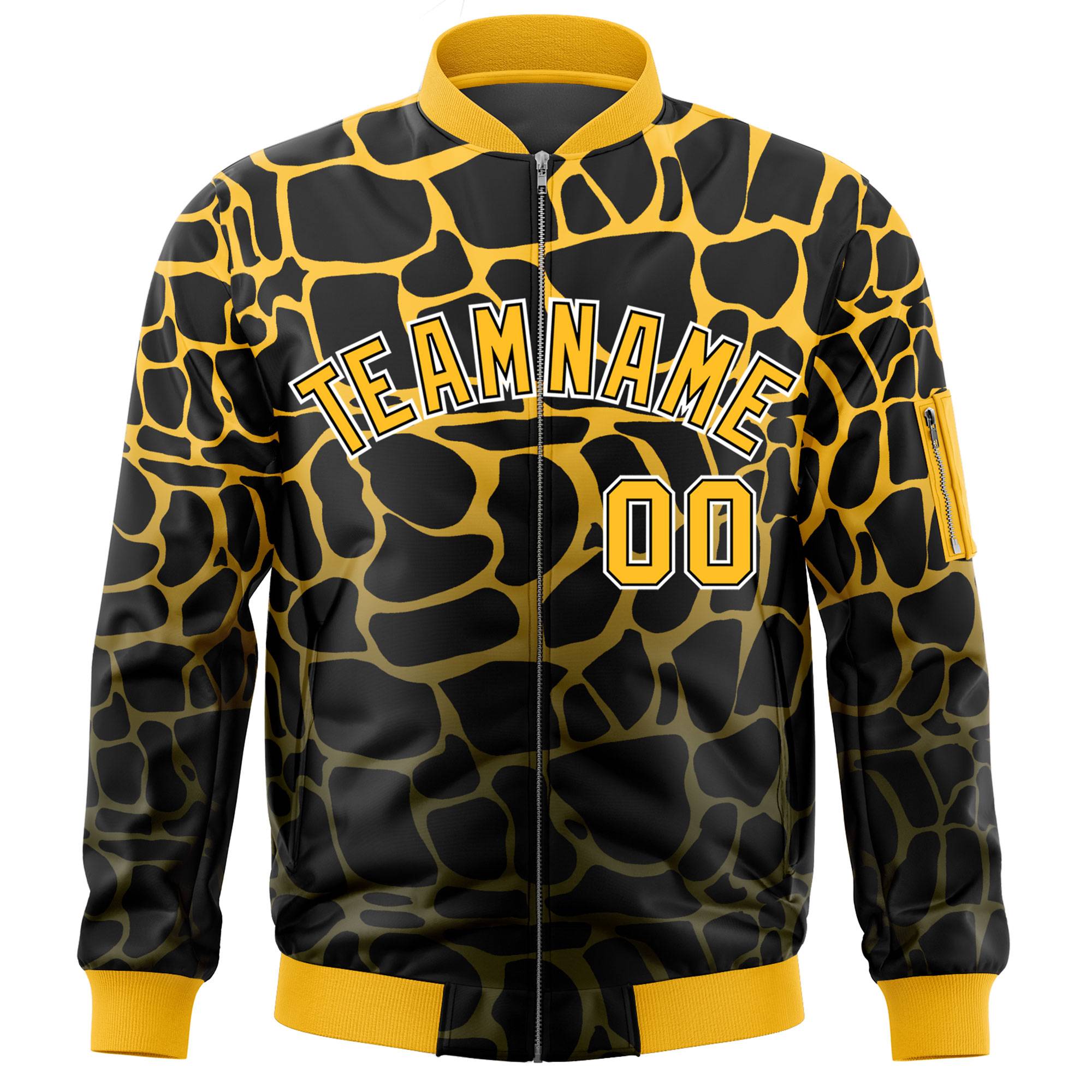 Custom Black Gold-Olive Varsity Full-Zip Spotted Letterman Bomber Jacket