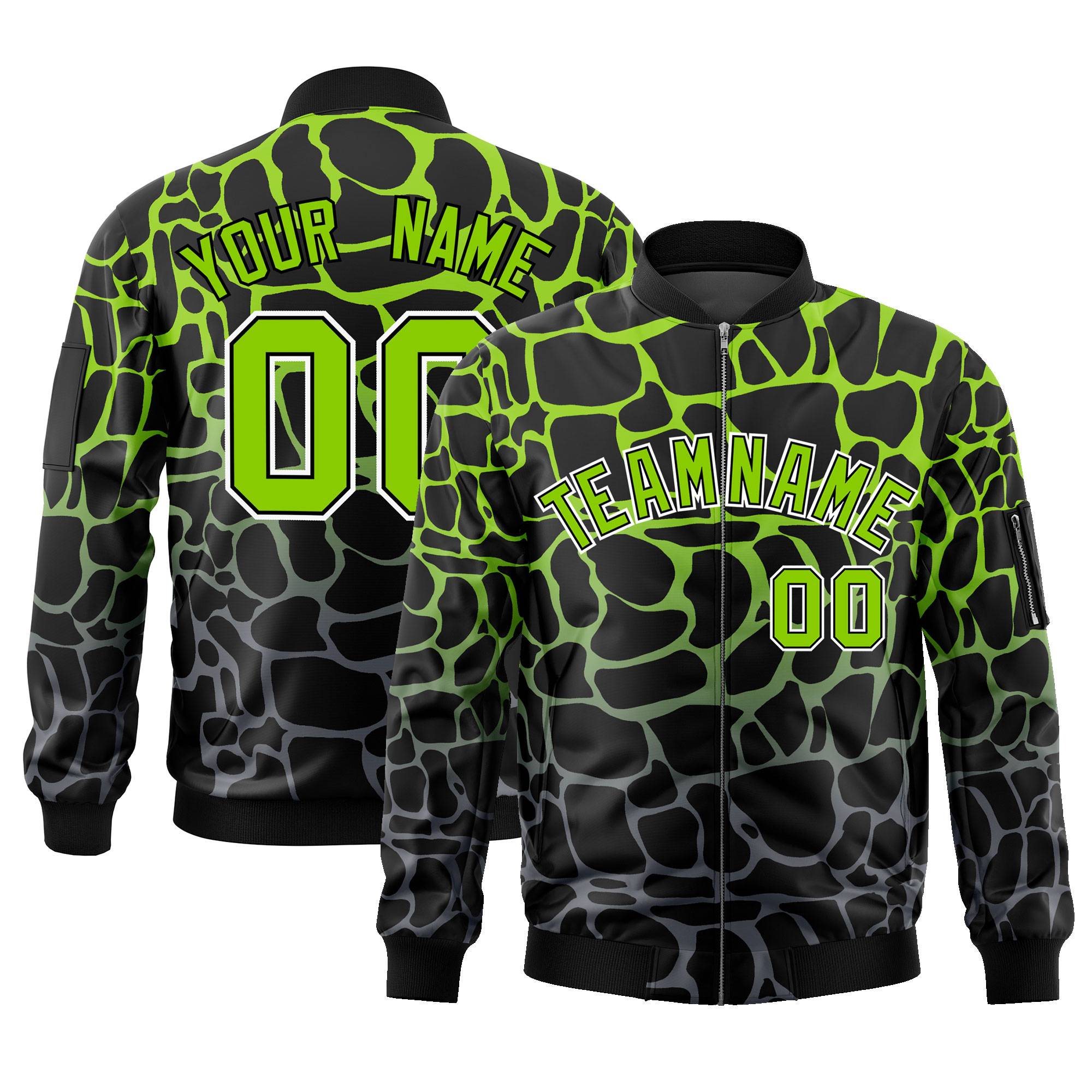 Custom Black Neon Green-Gray Varsity Full-Zip Spotted Letterman Bomber Jacket